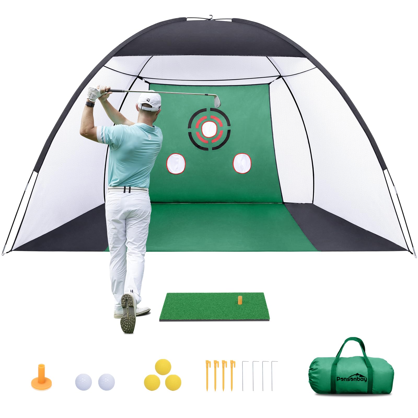 Golf Net, 10x6ft Golf Practice Net for Backyard Driving, Impact Golf Hitting Net Kit for Swing Training in Indoor, Outdoor, Garage, Range with Golfing Mat, Balls, Tee, Portable Bag, Stakes