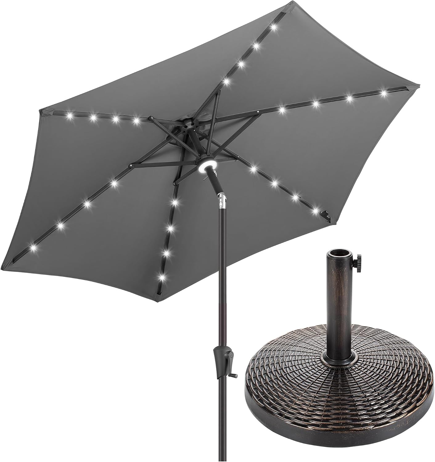 FLAME&SHADE 7.5 ft Solar Outdoor Patio Umbrella with Base Set, Market Table Umbrella with LED Lights and Base Stand, Anthracite