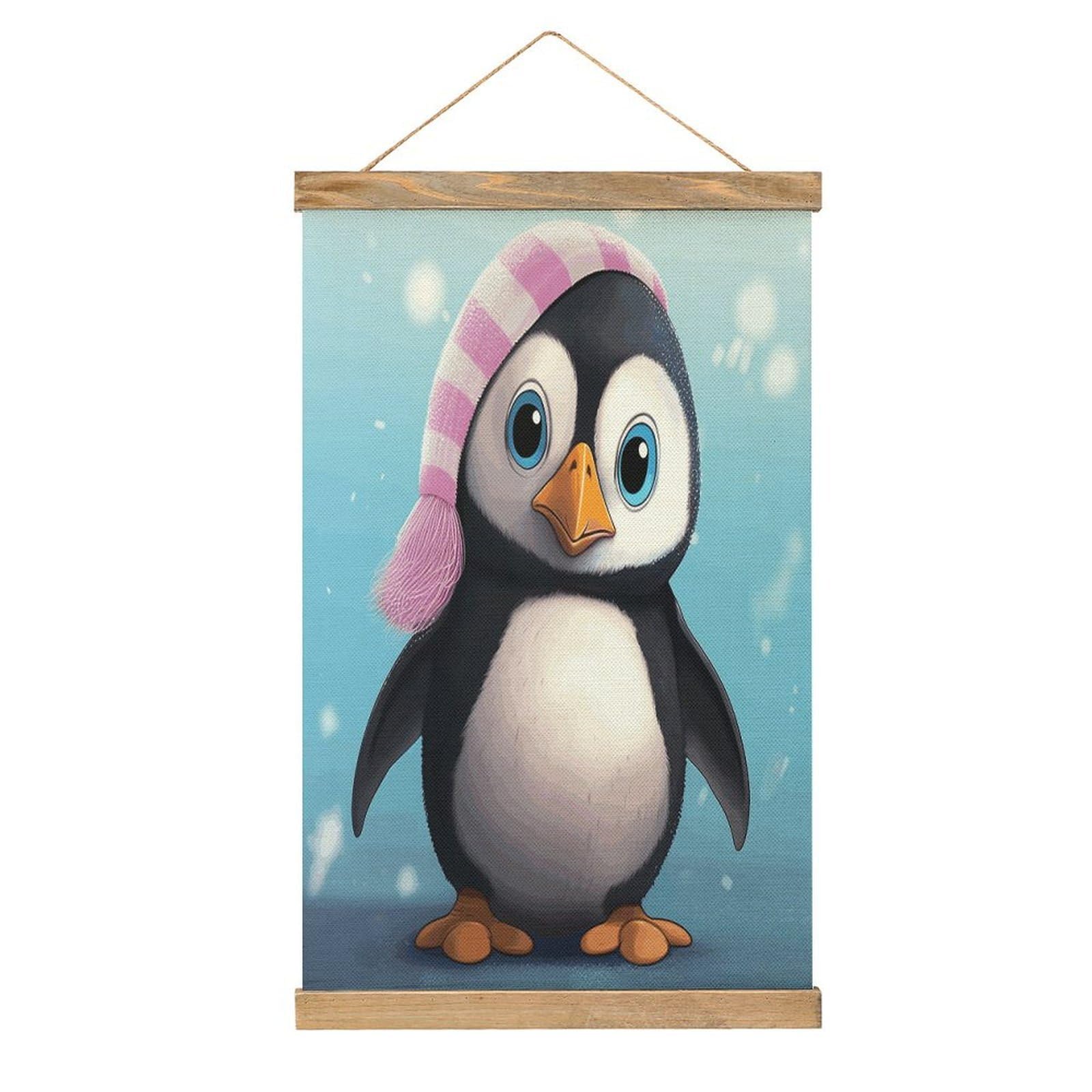 JTREHY Lovely Penguin Linen Hanging Painting Vintage Poster Wall Art Prints Personality Style Wall Hanging Poster for Living Room Office Bedroom Decor Frame 13.2 X 20.47 Inch