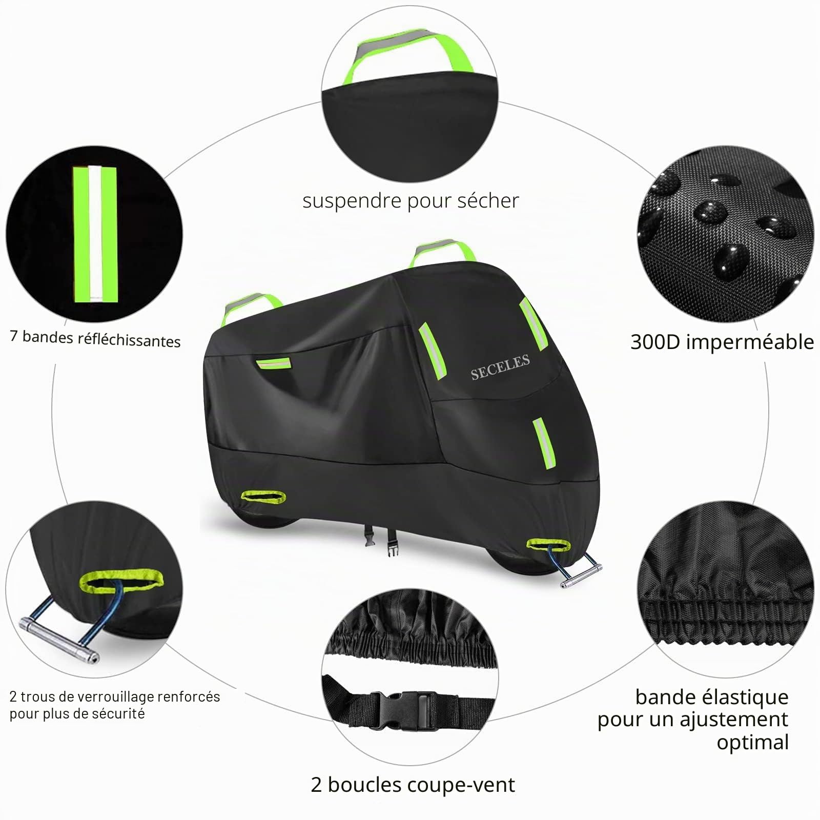 SECELES 300D Housse de Moto imperméable M 185x90x100cm | Tissu Oxford 300D,Imperméable, Antipoussière, 7 bandes réfléchissantes, Sac de rangement, Pour usage extérieur