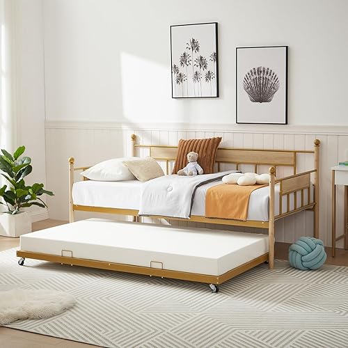 Miniatura 6 de ODUWA Sofá cama de metal de tamaño individual con nido extraíble, moderno marco de sofá cama 2 en 1 para niños, adolescentes y adultos, marco de