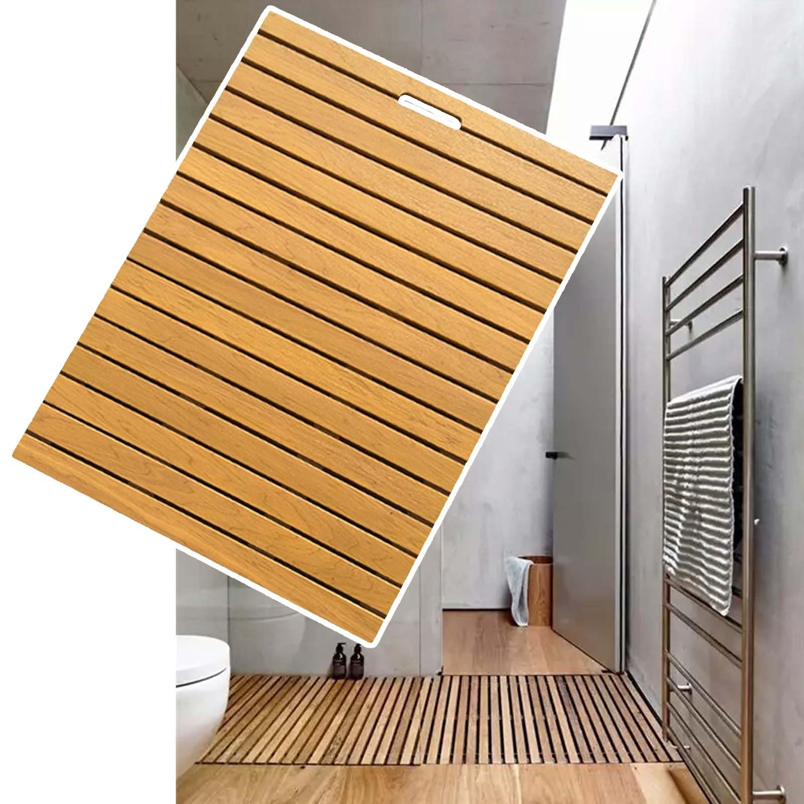 Wooden Shower Tray Mat with Drain Hole, Rectangular Decorative Bath Mats Non Slip for Inside Shower, Slated Platform Wood Mat for Floor(50x60cm/20x24in)