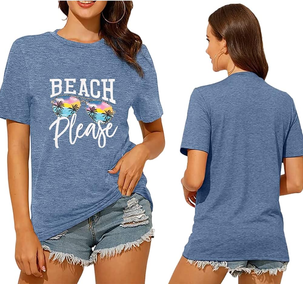 Summer Hawaiian Shirts for Women Funny Palm Graphic Tees Beach Please Letter Print Short Sleeve Vacation Casual Tops - Image 6