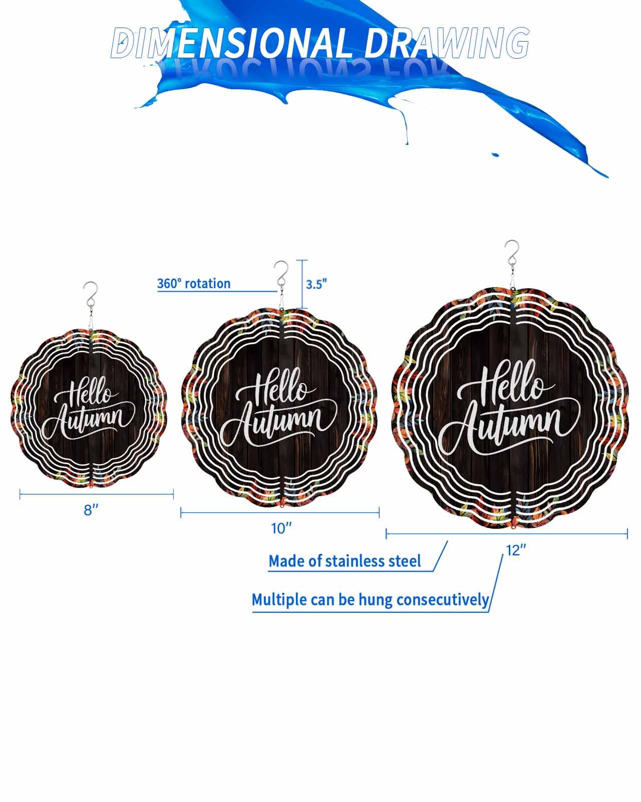 Autumn Wind Spinners, Fall Leaves Wood Grain Hanging Wind Spinners for Yard and Garden 3D Stainless Steel Metal Sculptures Crafts Ornaments 8 Inch