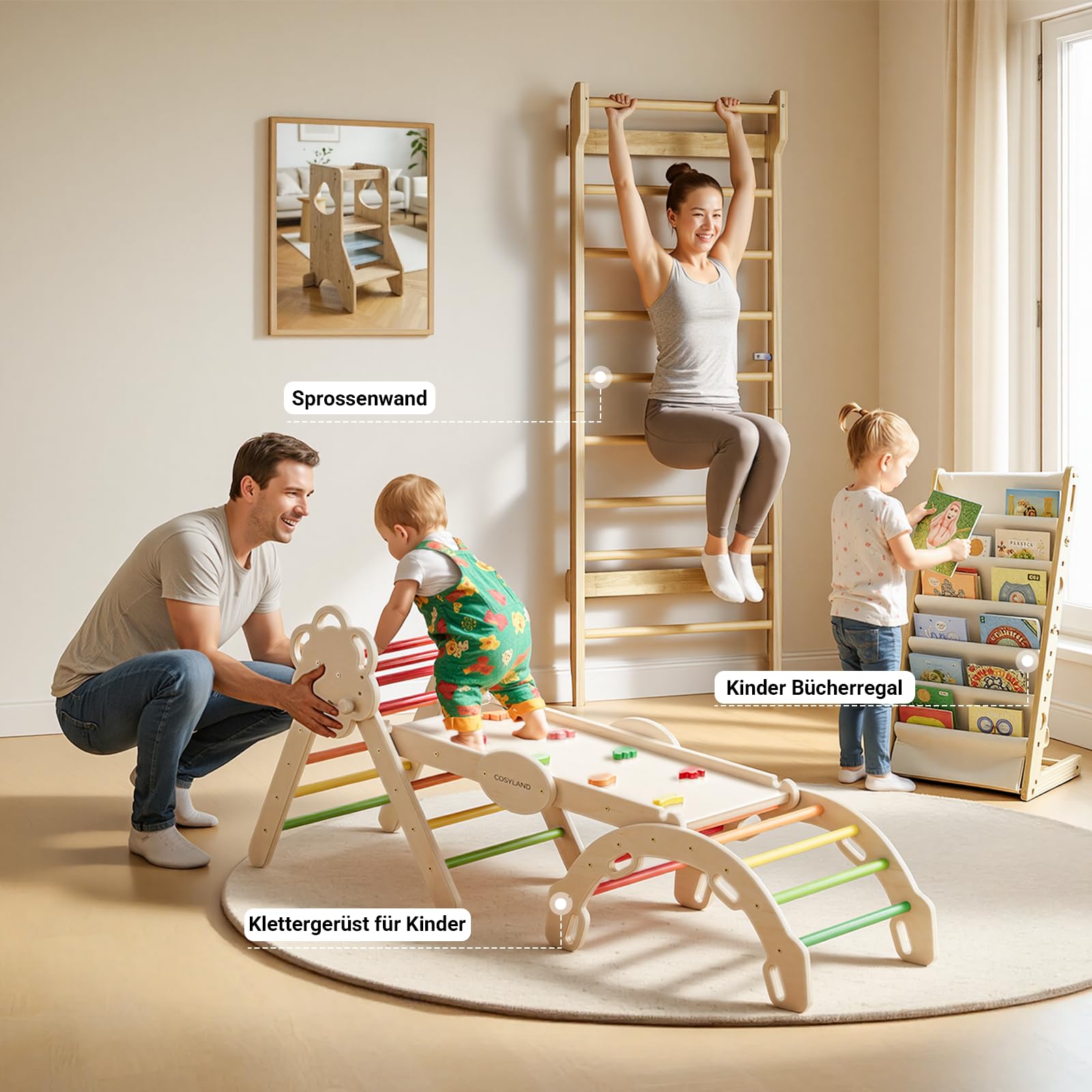 COSYLAND Sprossenwand aus Holz mit Klimmzugstange, Indoor Kletterwand für Kinder & Erwachsene, Turnwand für Kinderzimmer & Fitness, Türrahmen-Montage, Wall Bars