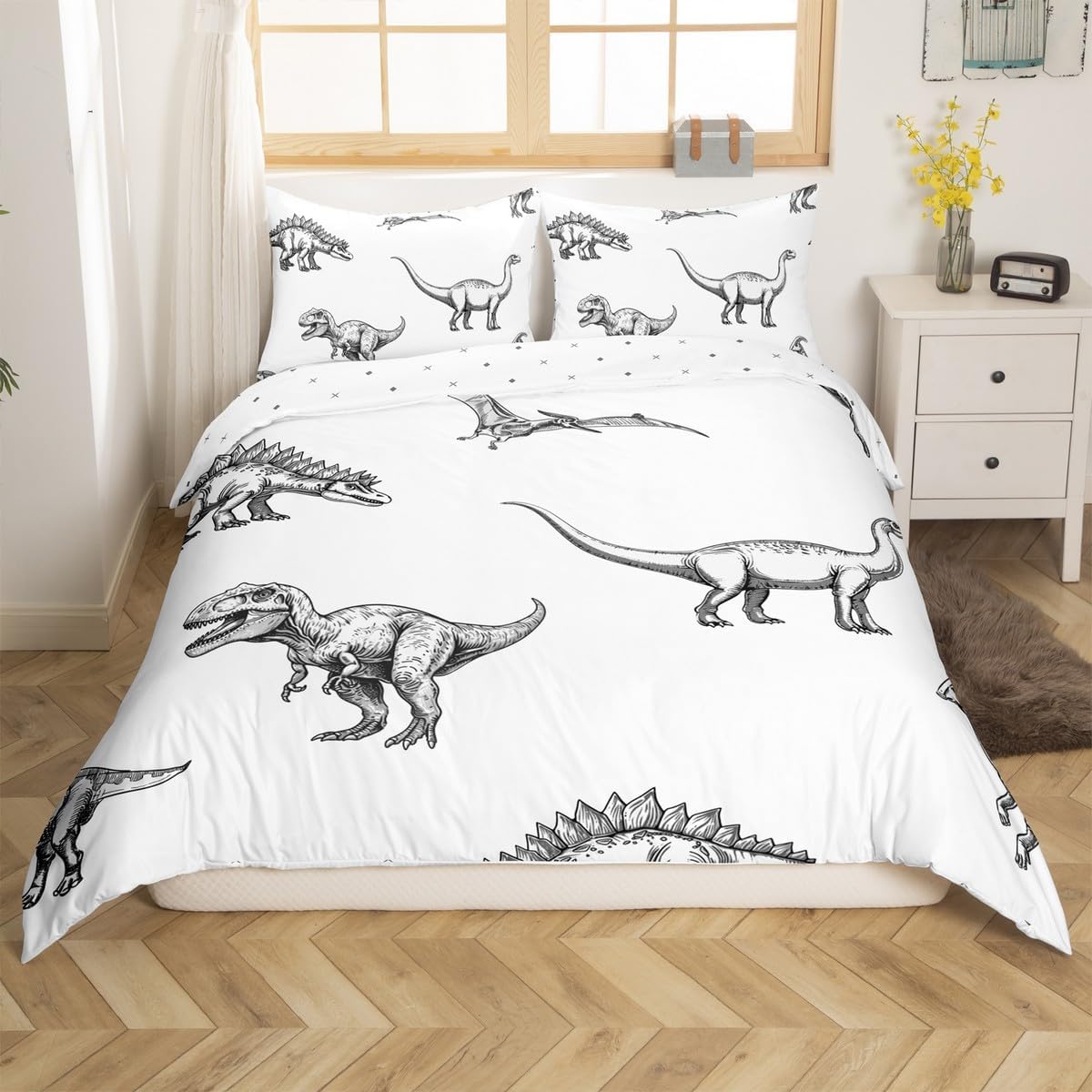 Feelyou Kids Dino Comforter Cover Toddler Size, Jungle Dinosaur Duvet Cover Wildlife Bedding Set Boys Girls Black White Teens Bedroom Decor Quilt Cover 2Pcs (No Comforter)