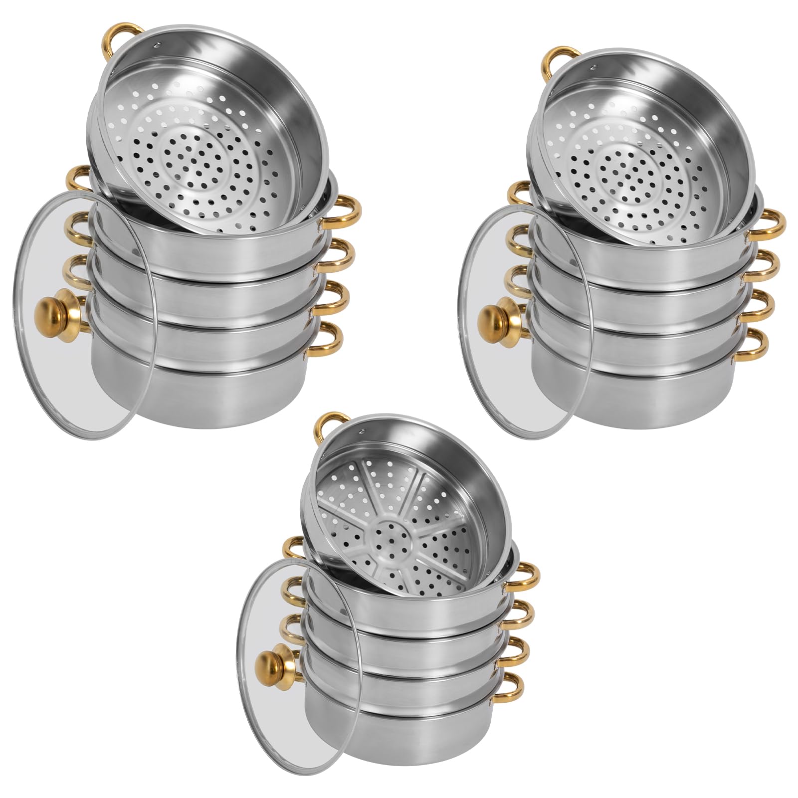 5 Etagen Edelstahl Dampfgarer Topf mit Deckel und Gold Griffen, Rund Dampfgartopf, Breite Öffnungen, Dampfkochertopf für Gasherd, Induktionsherd (26cm)