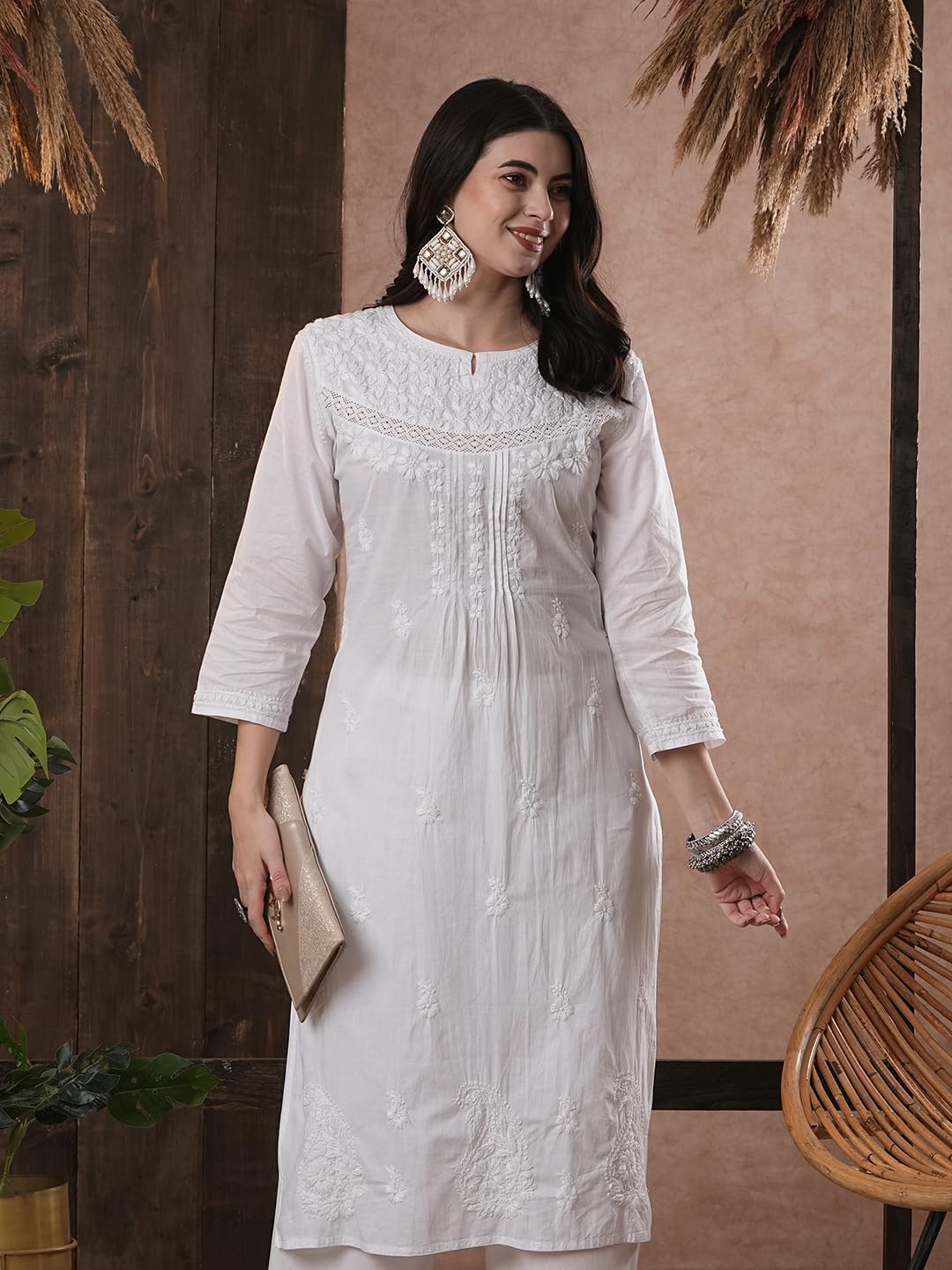 Ada Indian Hand Embroidered Chikankari White Cotton Kurti Kurta Tunic Dress for Women A100376