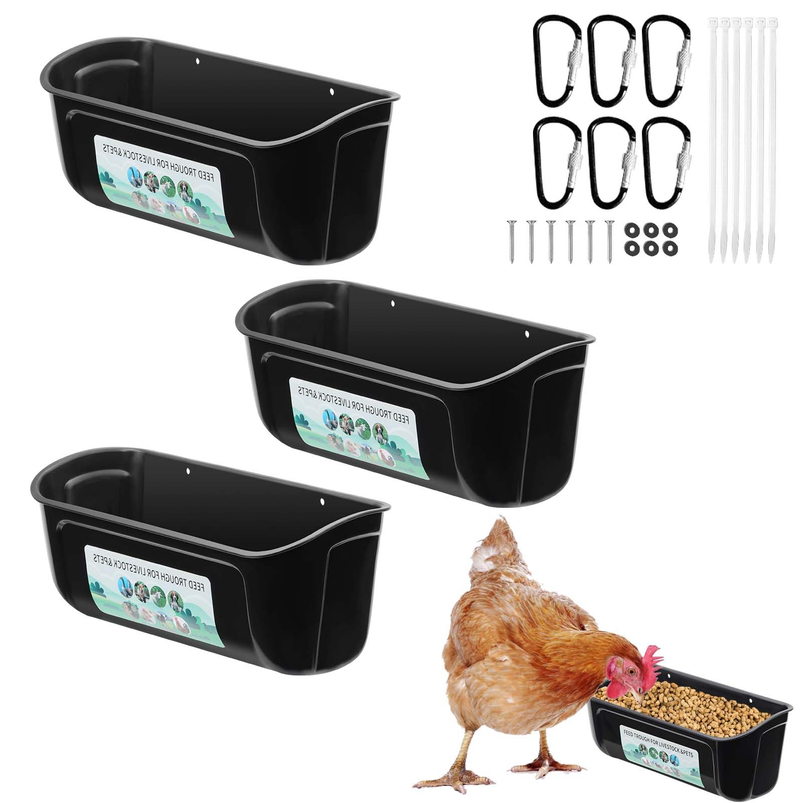 PIREKZUNT 3 Pack Chicken Duck Feeder, Poultry Feeders and Waterers, Hanging Goat Feeder, Livestock Feeding Container, Feed Trough and Waterer Bucket