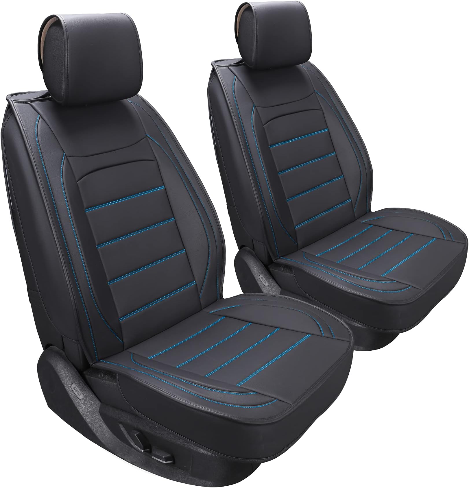 2 Pcs Leather Car Seat Covers Front Pair - Sanwom Universal Thicken Waterproof Vehicle Cushion, Breathable Automotive Seat Protector Interior Accessories for Most SUV Pick-up Sedan Truck, Black & Blue