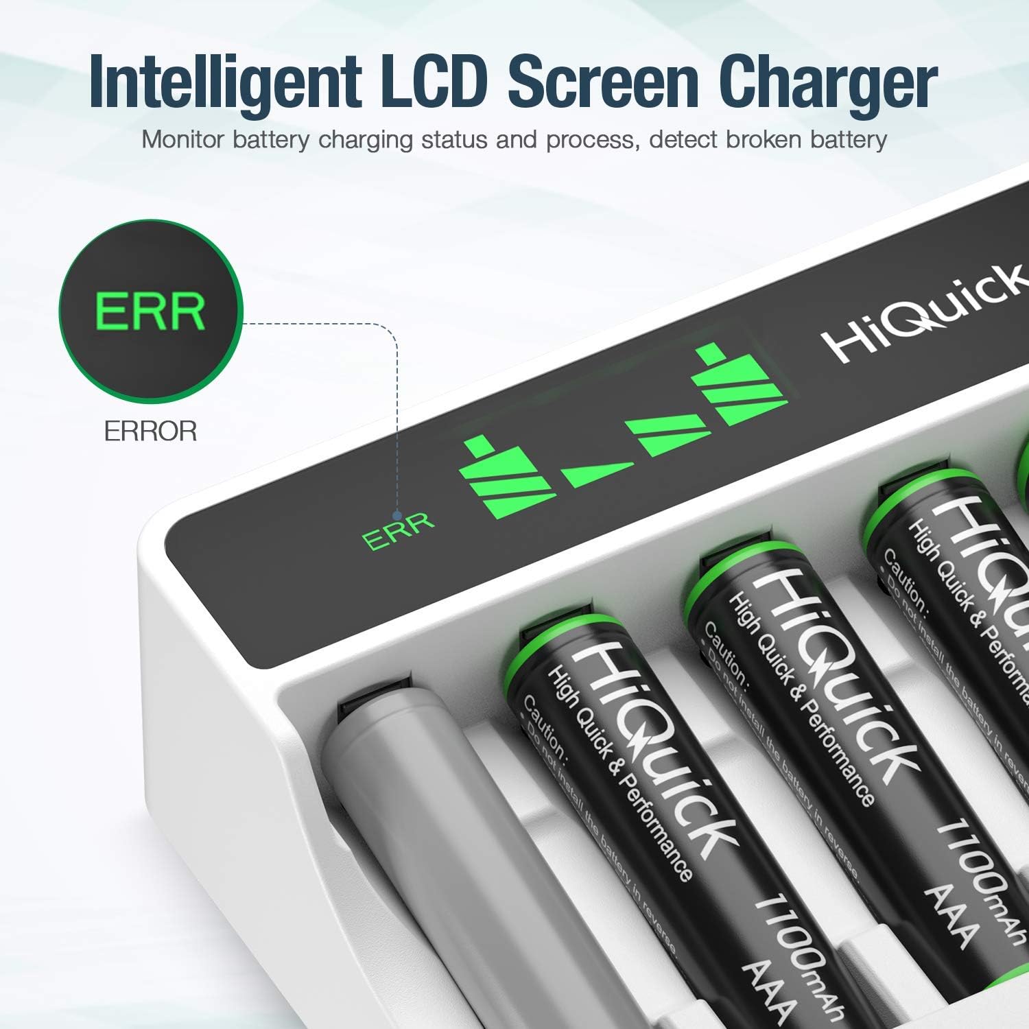 HiQuick Battery Charger AA AAA, 8 Bay LCD Display USB & Type Input AA AAA Rechargeable Batteries Charger for Ni-MH Ni-CD Rechargeable Batteries