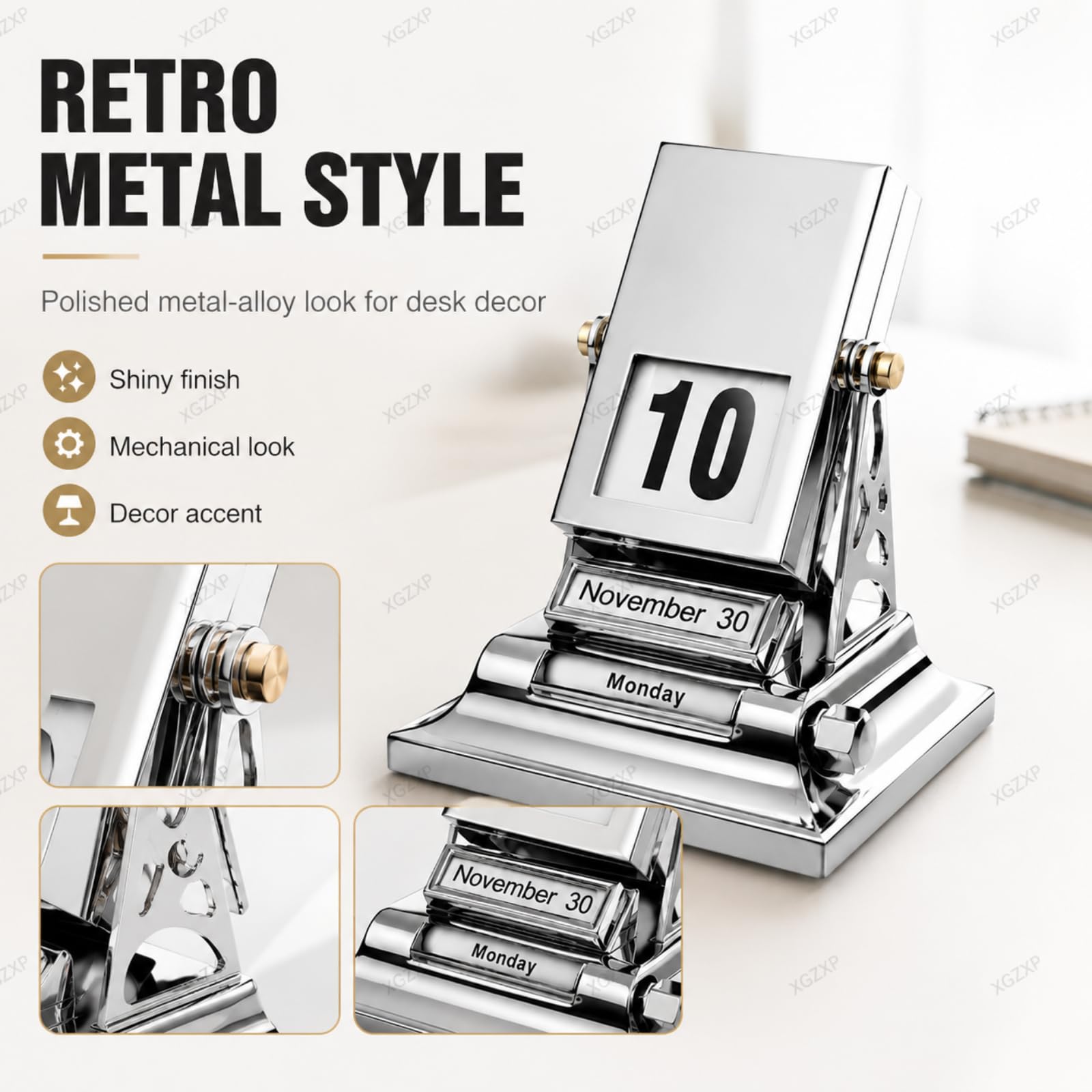 Mechanischer Tischkalender Im Retro-Stil Aus Metalllegierung Mit Umklappbaren Seiten, Drehbar, Aus Zinklegierung, Für Büro, Arbeitszimmer Und Empfangsbereich