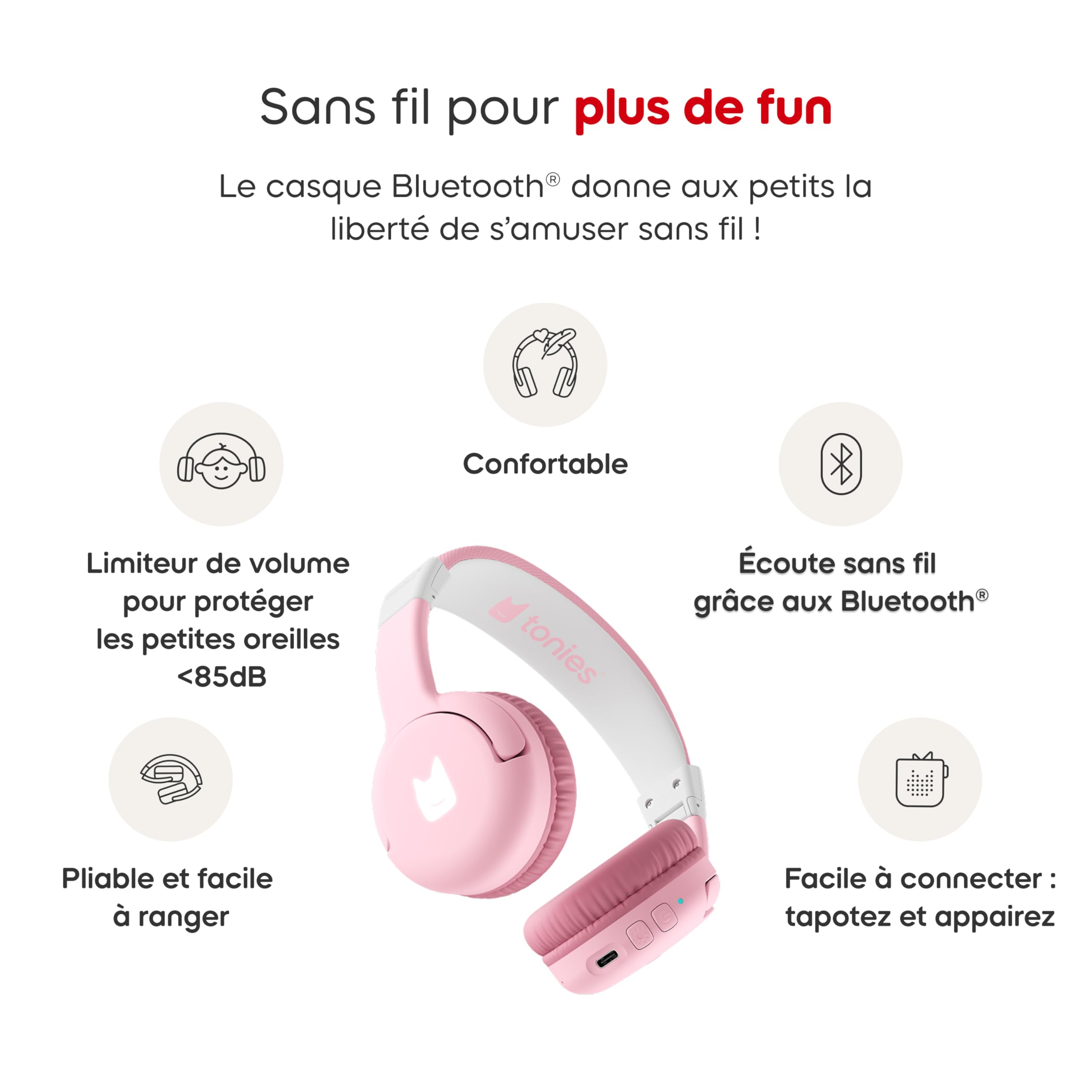 tonies Casque pour Enfant, Compatible avec Toniebox 2, Pliable et Facile à Ranger, Écoute sans Fil grâce au Bluetooth, Limiteur de Volume, pour Enfant à partir de 3 Ans, Rose Fleur