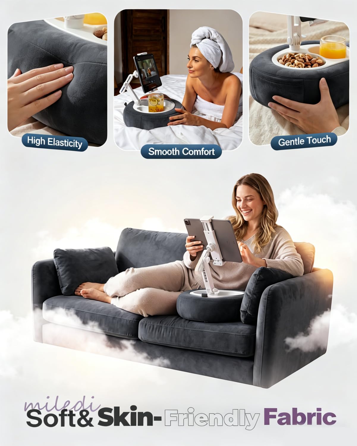Tablet-Kissenständer, kompatibel mit 5-12,9 Zoll Kindle, iPad, Handy/Tablet, Google, Samsung, 360° drehbare Handyhalterung für Bett, weicher Plüschstoff, abnehmbare Schüssel, Lesen und Entspannen auf