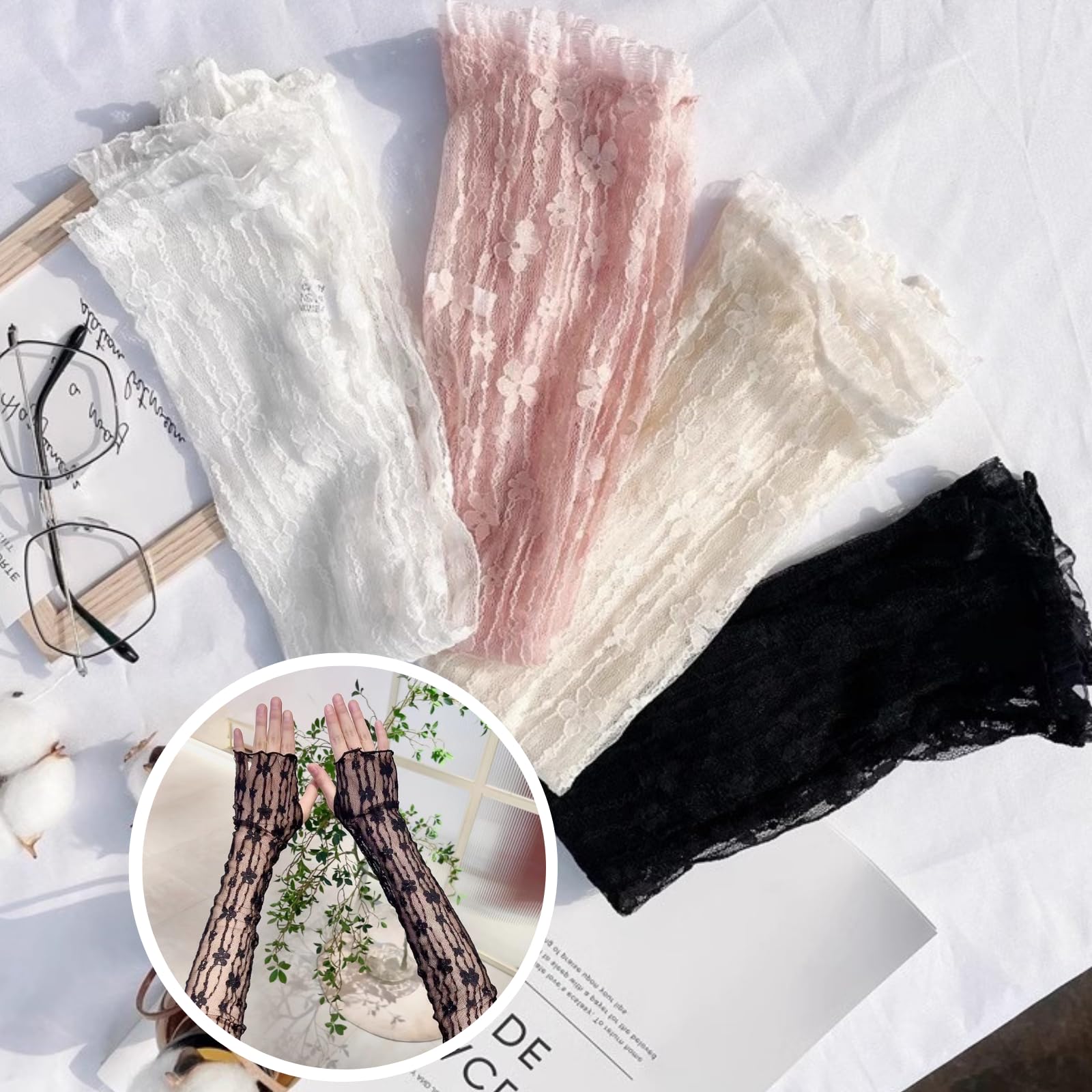 2 Paires Manchettes en Dentelle Elastique Gants avec Trou Respirant Floral Manchon Bras Eté Protection de Soleil Mariage