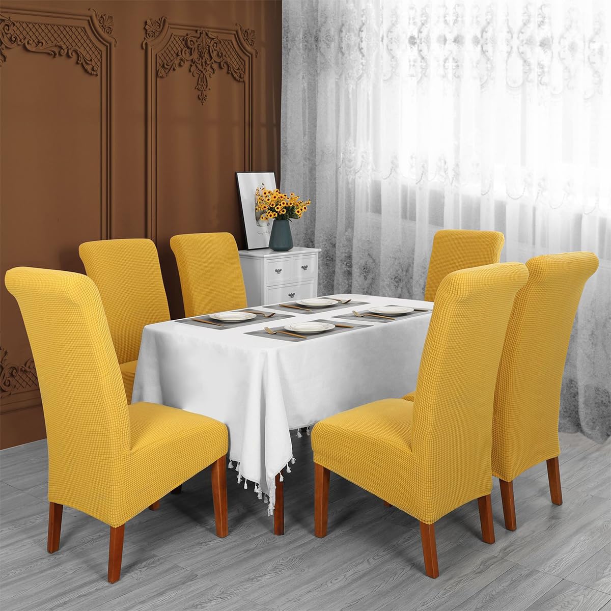 Odot Yellow Chair Covers, Dining Chair Covers Set of 4, Stretch Corn Velvet Dining Room Slipcovers - Image 2