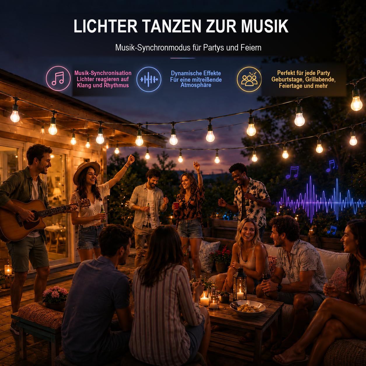 Guirlande lumineuse d'extérieur de 15 m avec contrôle par application, RVBB Smart LED à intensité variable, étanche IPX66, incassable, 24 V, basse tension, sélection de couleurs segmentée pour jardin