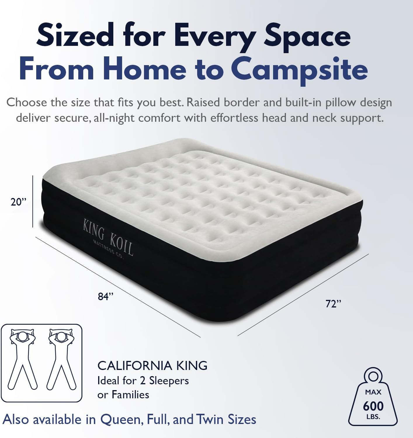 King Koil Luxury California King Size Air Mattress with Built-in High-Speed Pump Best for Home, Camping & Guests, 20 Double High Airbed Adjustable Blow Up Mattress, Waterproof, 1-Year Warranty