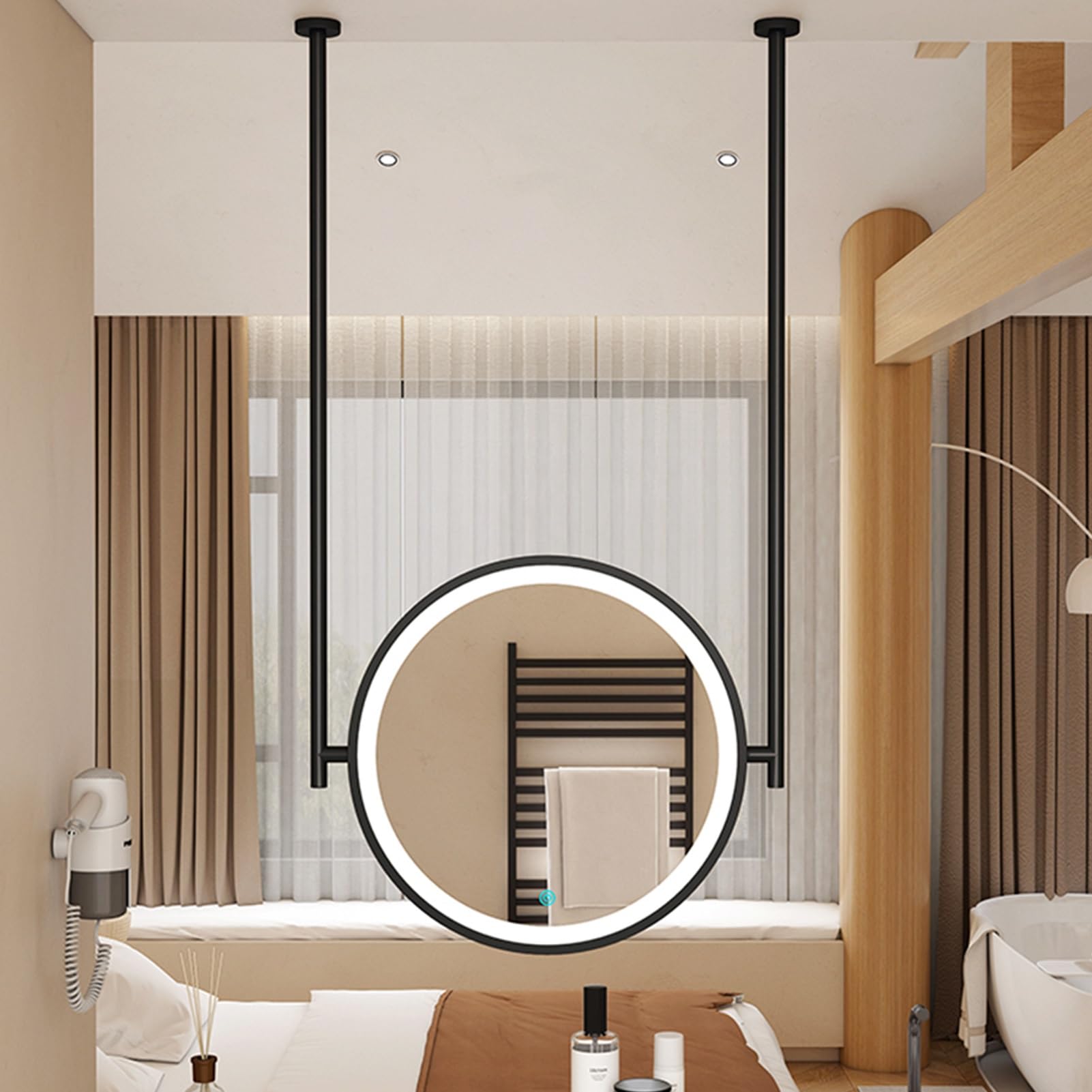 ITOSUI Ceiling Mounted Mirror with LED, 3 Colours Adjustable Lights Mirror with Touch Button, Bathroom Vanity Makeup Mirrors Black Metal Framed Hanging Mirror(Diameter-60CM/23.6INCH)
