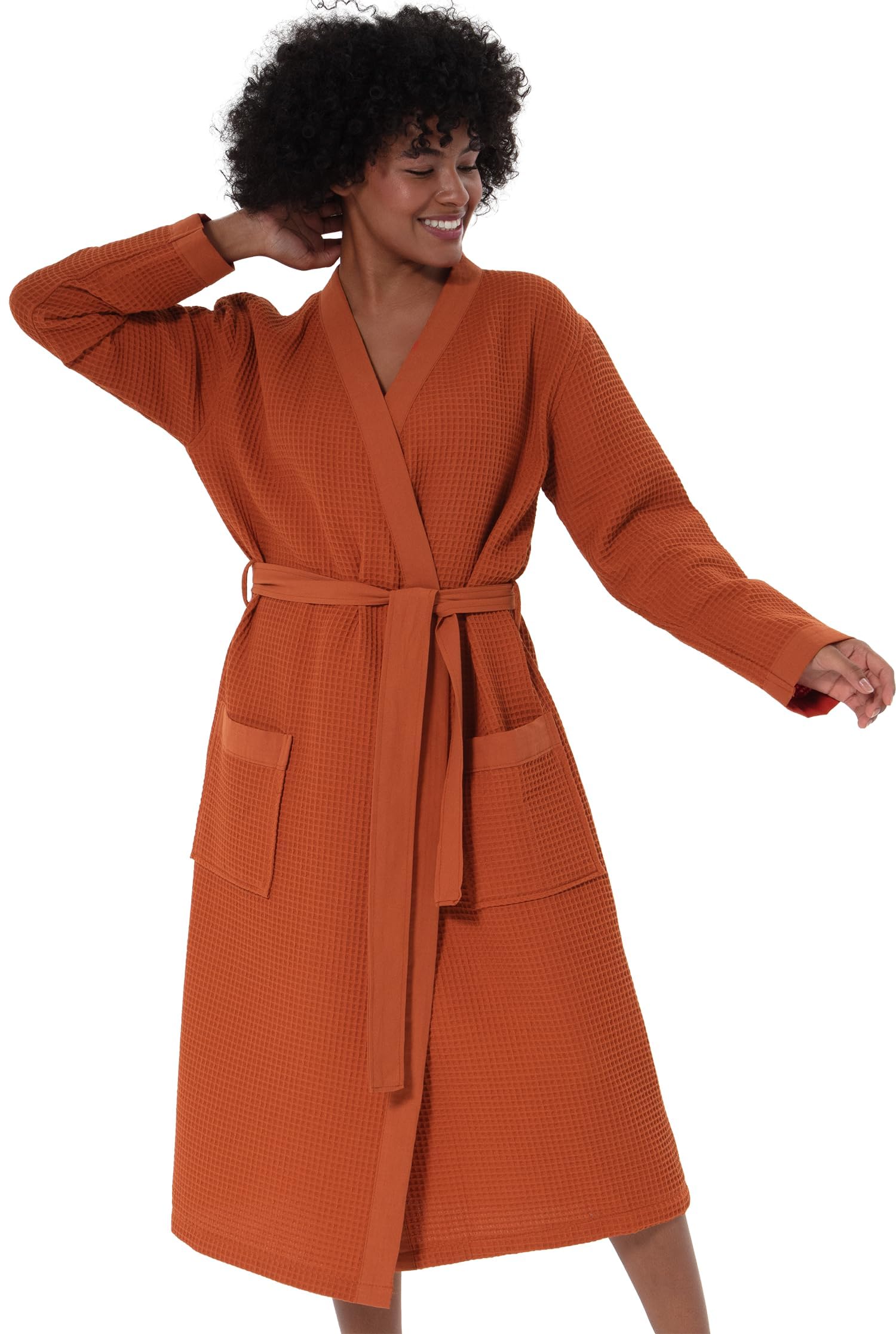 SEYANTE Womens Organic Cotton Waffle Kimono Hooded Robe GOTS Certified Lightweight Full-Length Spa Bathrobe with Piping