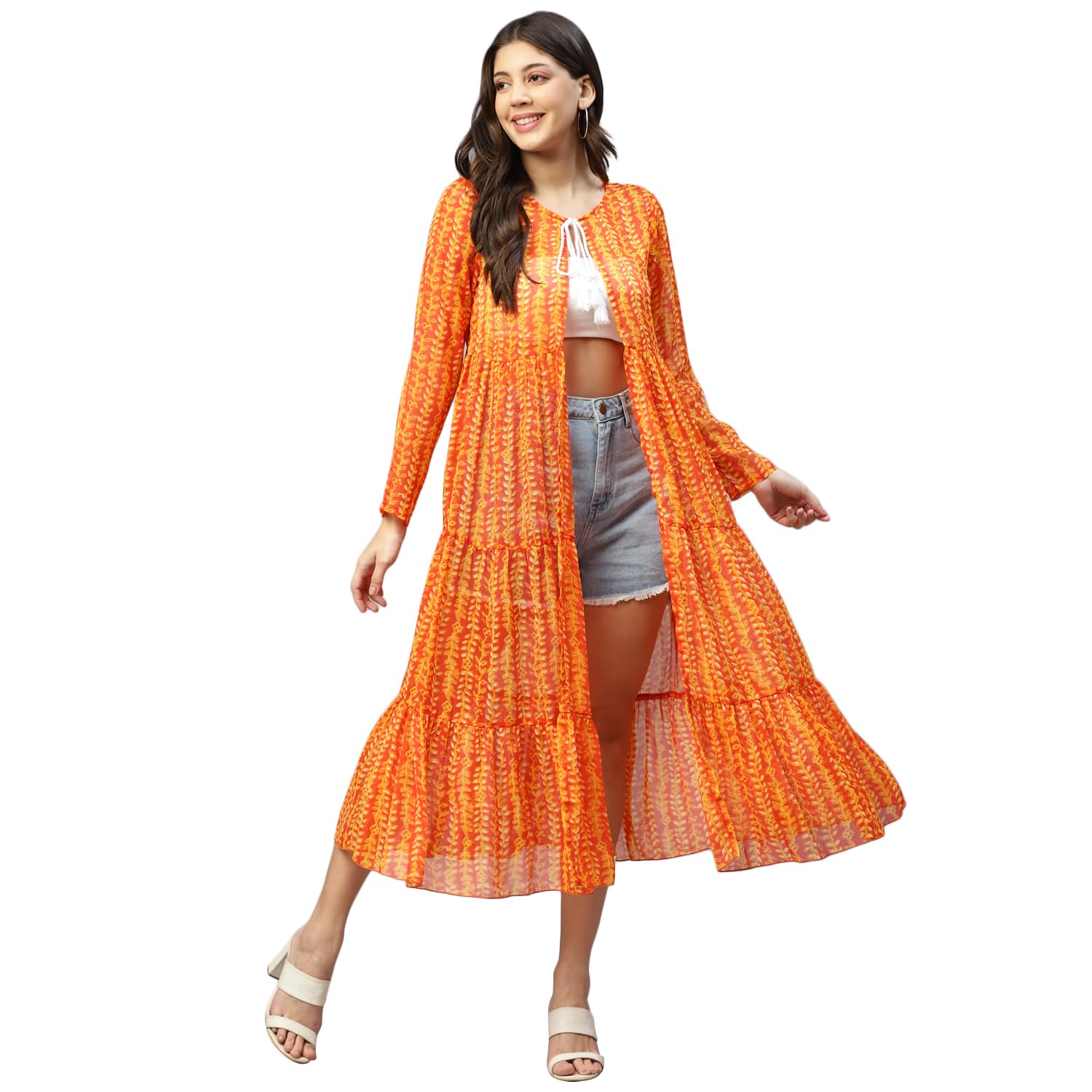 deebaco Women's Leaf Print Chiffon Crop Shrug for Women|Full Straight Sleeve Tie-UP Neck|One Piece Casual College Office Wearable Fashionable Party Outfit for Ladies-picture-46