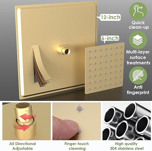 Miniatura 4 de Enga Sistema de ducha de oro cepillado de lujo, cabezal de ducha de lluvia de 16 pulgadas con juego de grifo de ducha termostático de pulverización