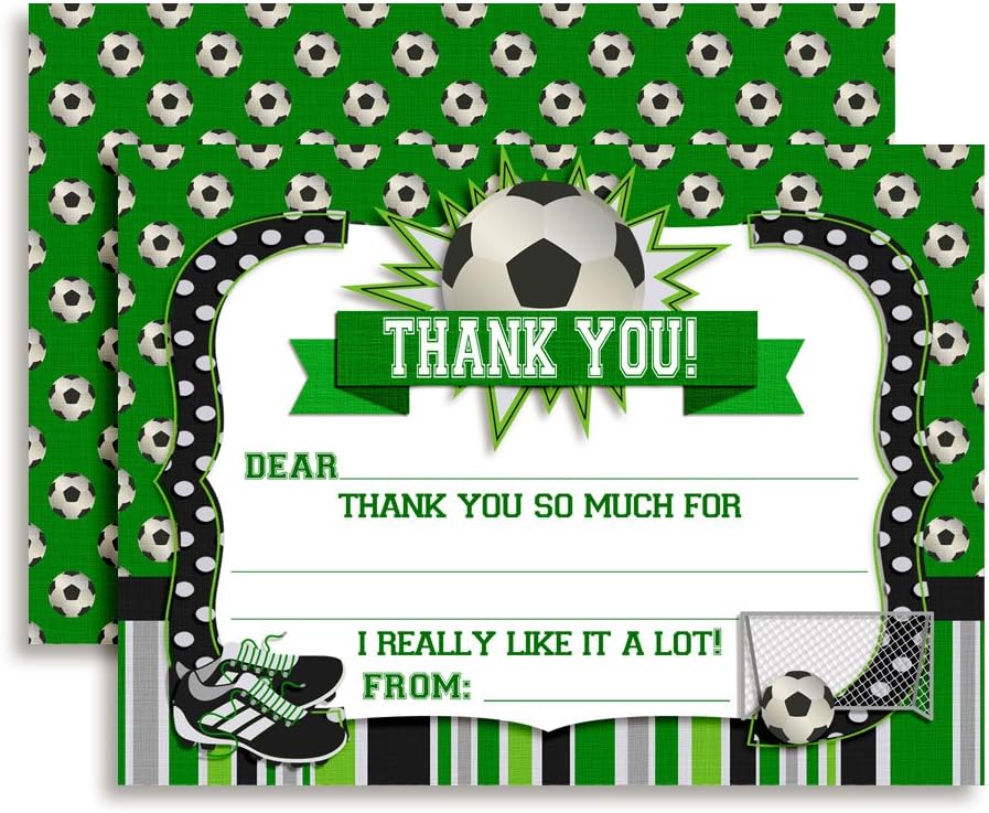 Soccer Birthday Thank You Notes for Kids, Ten 4" x 5.5" Fill In the Blank Cards with 10 White Envelopes by AmandaCreation