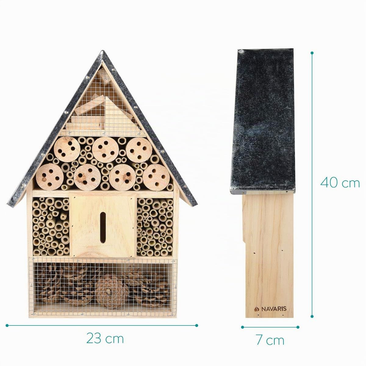 Navaris XL Hotel para Insectos de Madera - observatorio de Insectos 23 x 40 x 7 cm - casa Natural Cubierta metálica y Gancho para Diferentes bichos