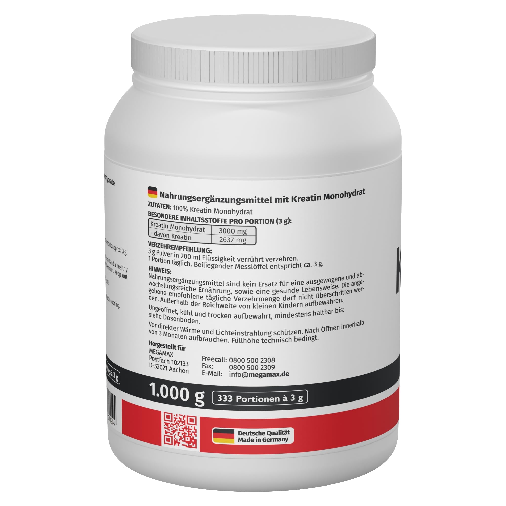 MEGAMAX Kreatin Pulver 1000 g -hochdosiert reines Creatin Monohydrat Creapure (Creapure, 1000 g)