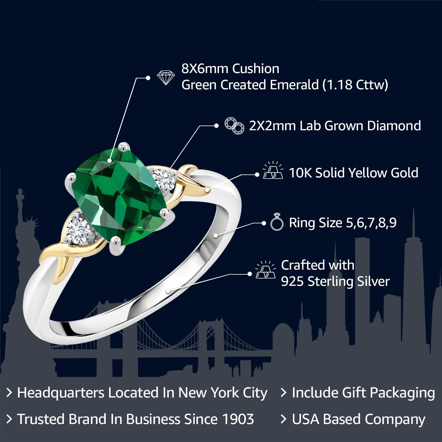 Gem Stone King 925 Silver and 10K Yellow Gold Gemstone Birthstone and Lab Grown Diamond 3-Stone Engagement Ring | Cushion 8X6MM | Wedding Anniversary Promise Ring