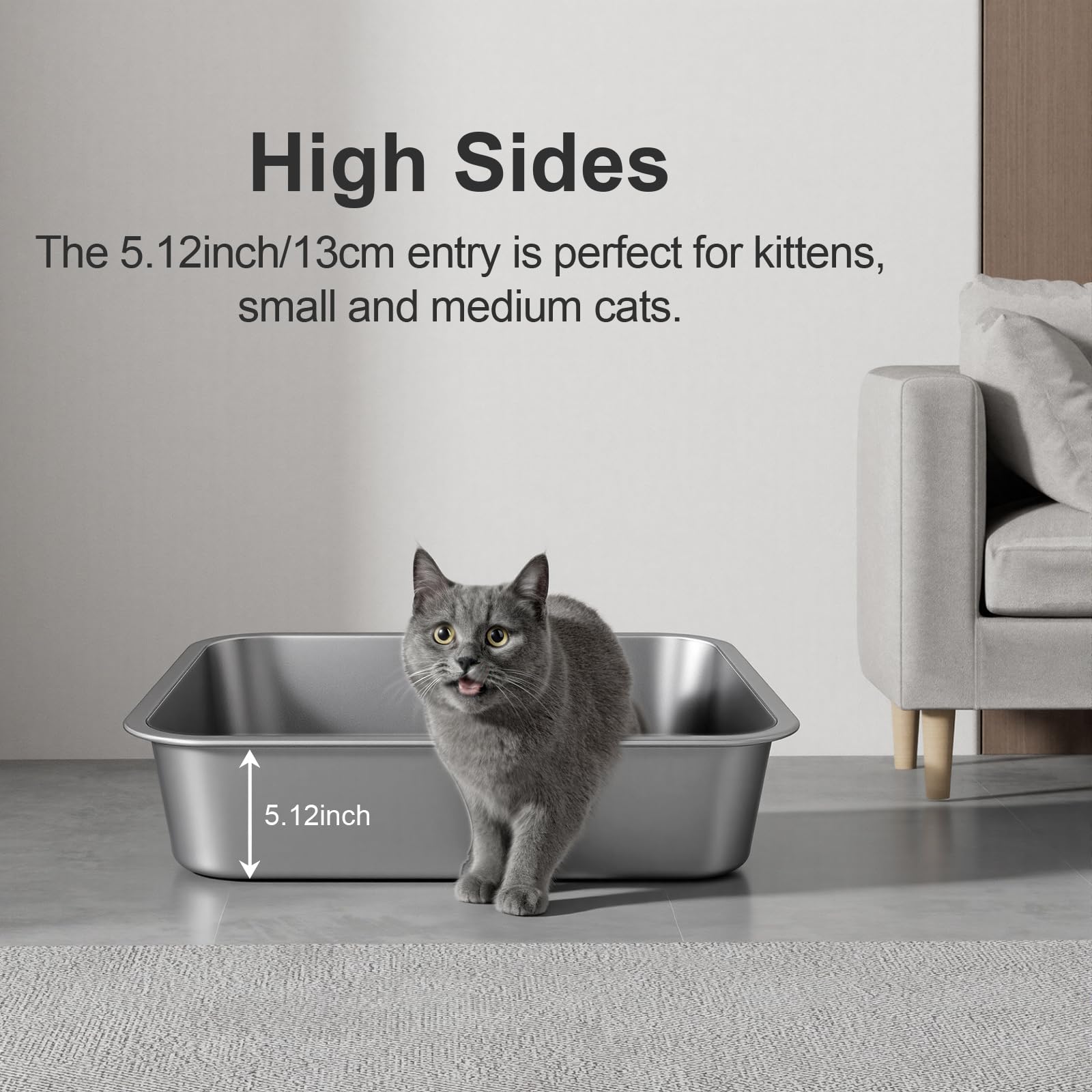 Stainless Steel Litter Box with High Sided, Metal Cat Litter Box, Odor-Free, Non-Stick Litterbox Pan, Easy to Clean Pet Supplies Toilet Tray for Indoor Cats, Kittens or Multicat Homes - image 6