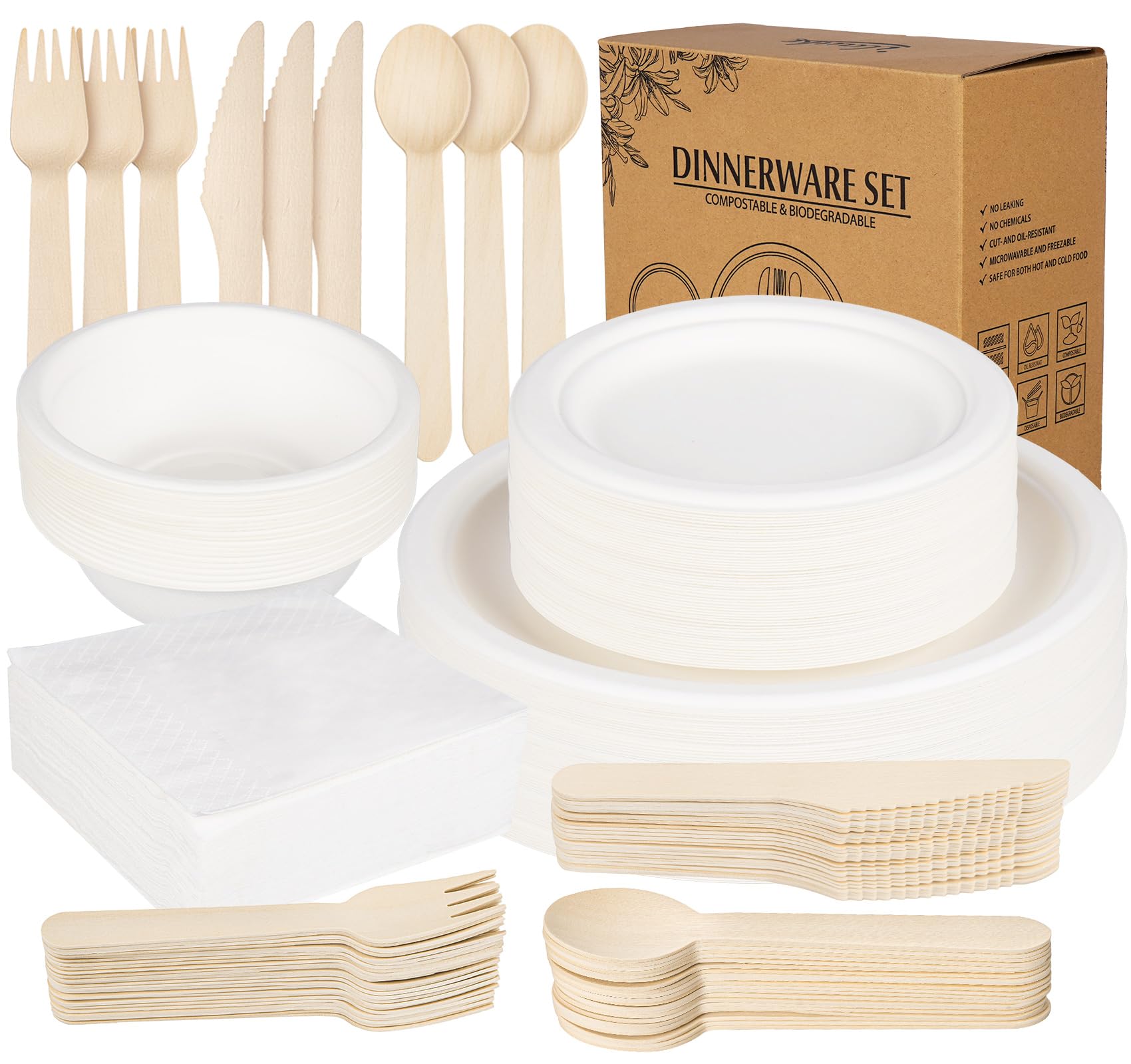 ilauke 170Pcs Paper Plates and Cutlery Set, Party Tableware Including 40 Paper Plates, 50 Napkins, 20 Knives, 20 Spoons, 20 Forks, 20 Bowls for Birthday Wedding BBQs, Biodegradable, White