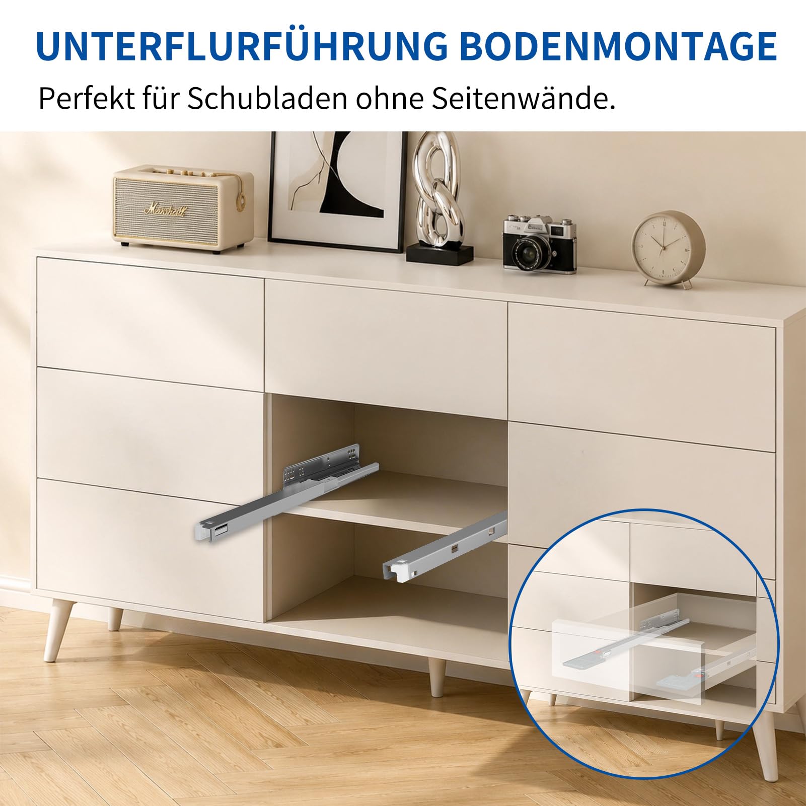 Unterflurführungen Schubladenauszüge 4 Paar, 450mm Vollauszüge Schubladenschienen mit Soft Close System, Bodenmontage Schubladenauszug mit 3D Verstellung, Teleskopschienen, Schwerlastauszug Bis 40KG