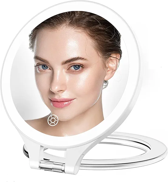 FASCINATE Magnifying Mirror with Light 10X/1X, Double Sided Travel Mirror with Light, Rechargeable Makeup Mirror with 3 Color Setting Adjustable Stand Lighted Mirror Vanity Portable Desk Cosmetic