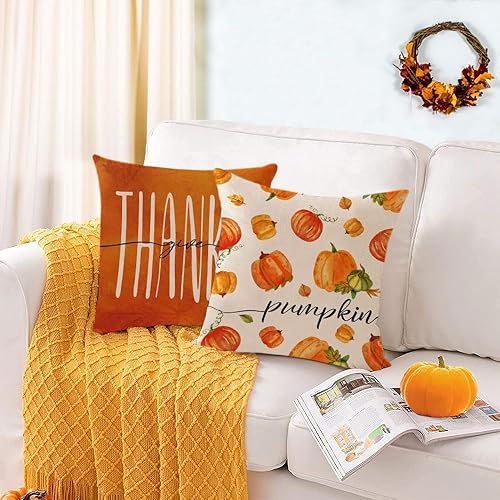 Miniatura 4 de Juego de 4 fundas de almohada de otoño de 20 x 20 pulgadas, fundas de almohada de calabazas de otoño de Acción de Gracias, fundas de cojín