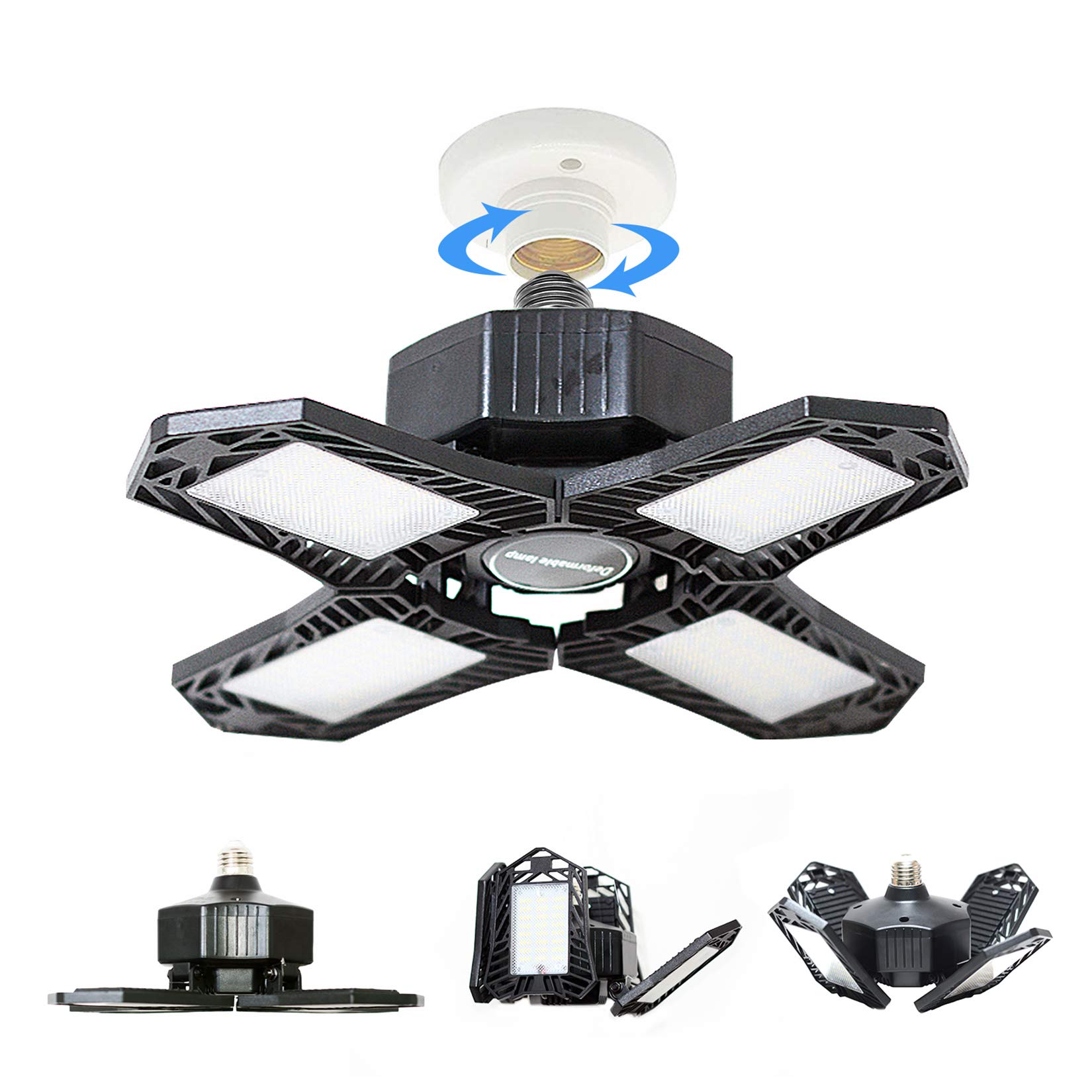 LED Garage Lights, Upgrade 150W Deformable Four Leaf Ceiling Light, 15000LM Ultra-Bright Trilight Lighting with 4 Adjustable Panels, 6500K Nature Light Commercial Lights for Barn, Shop(Black)…
