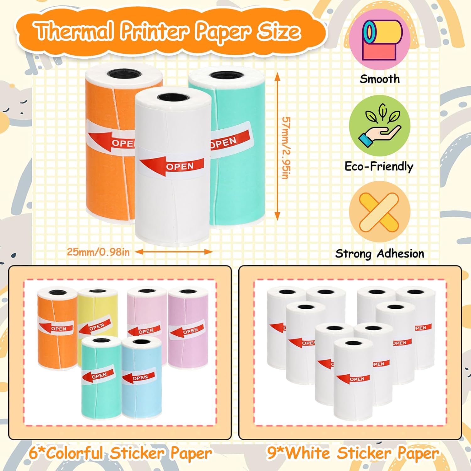 15 Rolls 53 * 28mm Mini Printer Sticker Thermal Paper,Self-Adhesive Multicolor Paper Compatible with T02/M02 Mini Thermal Printer Study Notes, Journal Photos
