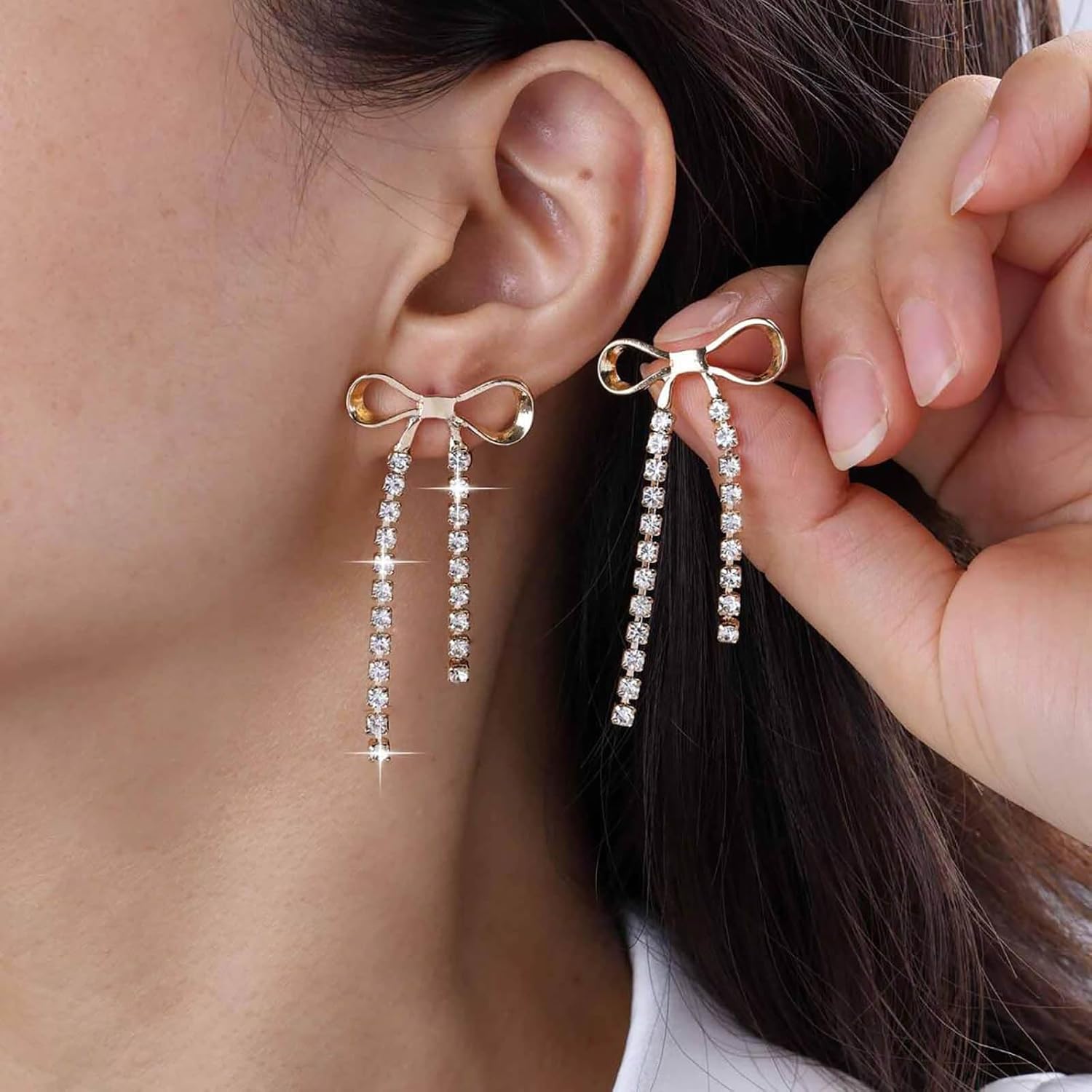 Andelaisi Boho Tassel Bow Earrings Rhinestone Chain Tassel Earrings Shine Crystal Chain Drop Earring Sparkly Chandelier Statement Earring for Women - Image 3