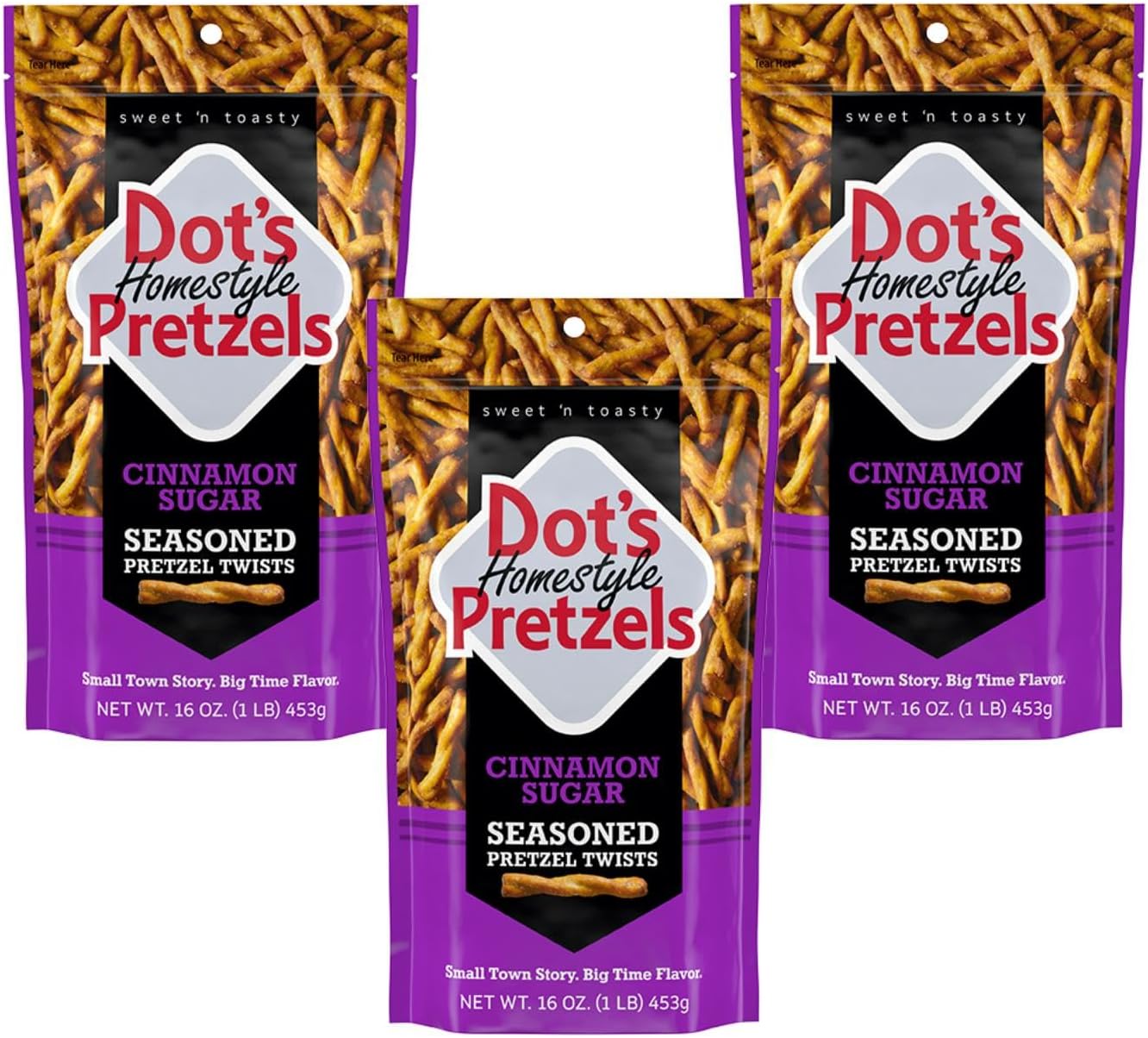 Dot's Pretzels Cinnamon Sugar Seasoned Pretzel Twist Snack, 16oz Grocery Sized Bag (Pack of 3)