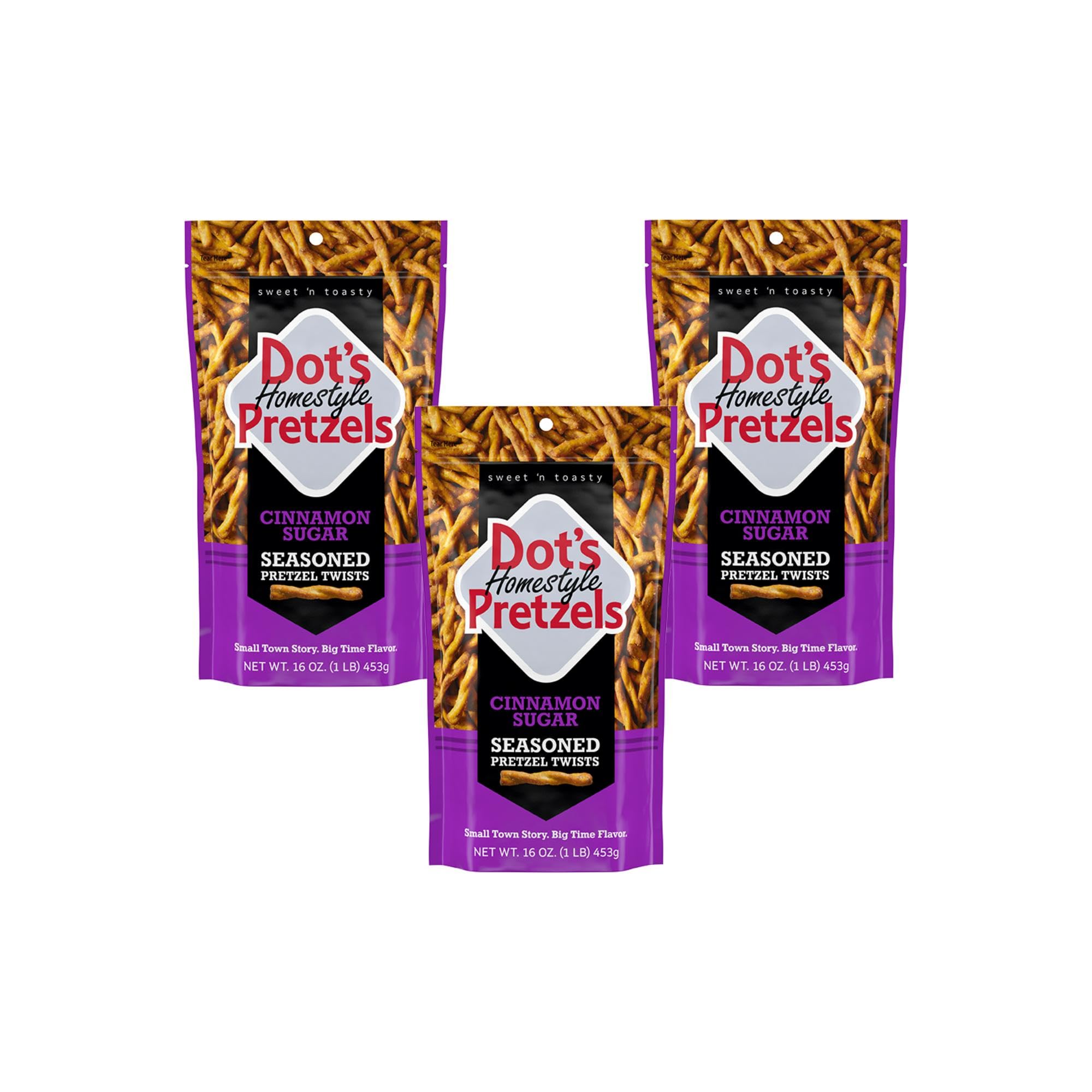 Dot's Pretzels Cinnamon Sugar Seasoned Pretzel Twist Snack, 16oz Grocery Sized Bag (Pack of 3)