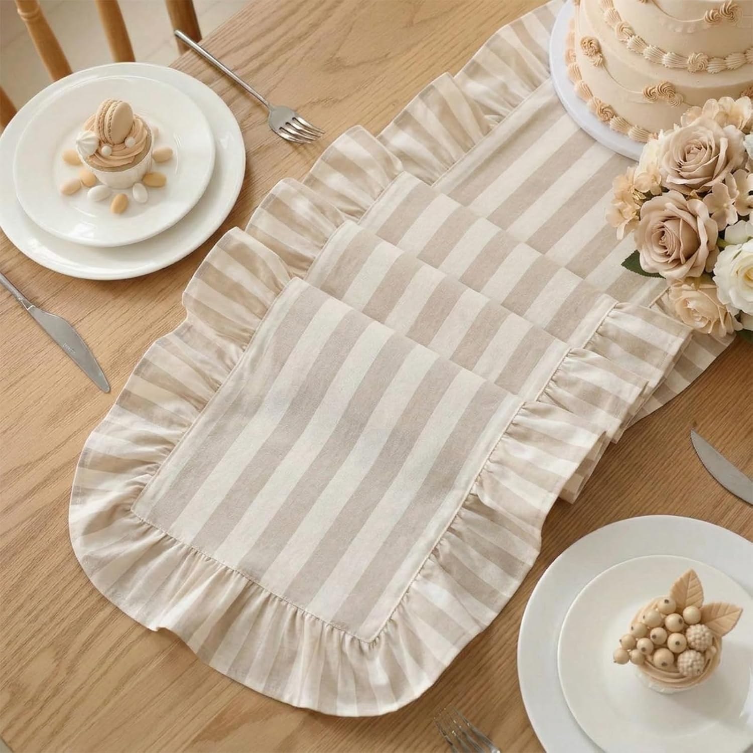 Tegeme Brown and White Stripe Ruffle Table Runner, 100% Cotton 13 x 90