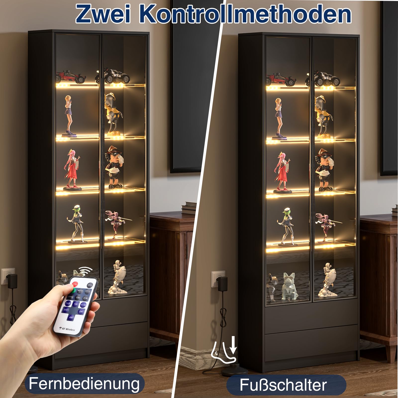 Glaskantenbeleuchtung LED Vitrinenbeleuchtung LED mit Fußschalter und RF-Fernbedienung,Clips Warmweiß Glaskantenbeleuchtung Dimmbar für Glasvitrine, Vitrinen, Regale, Tisch, Displays 8er Set