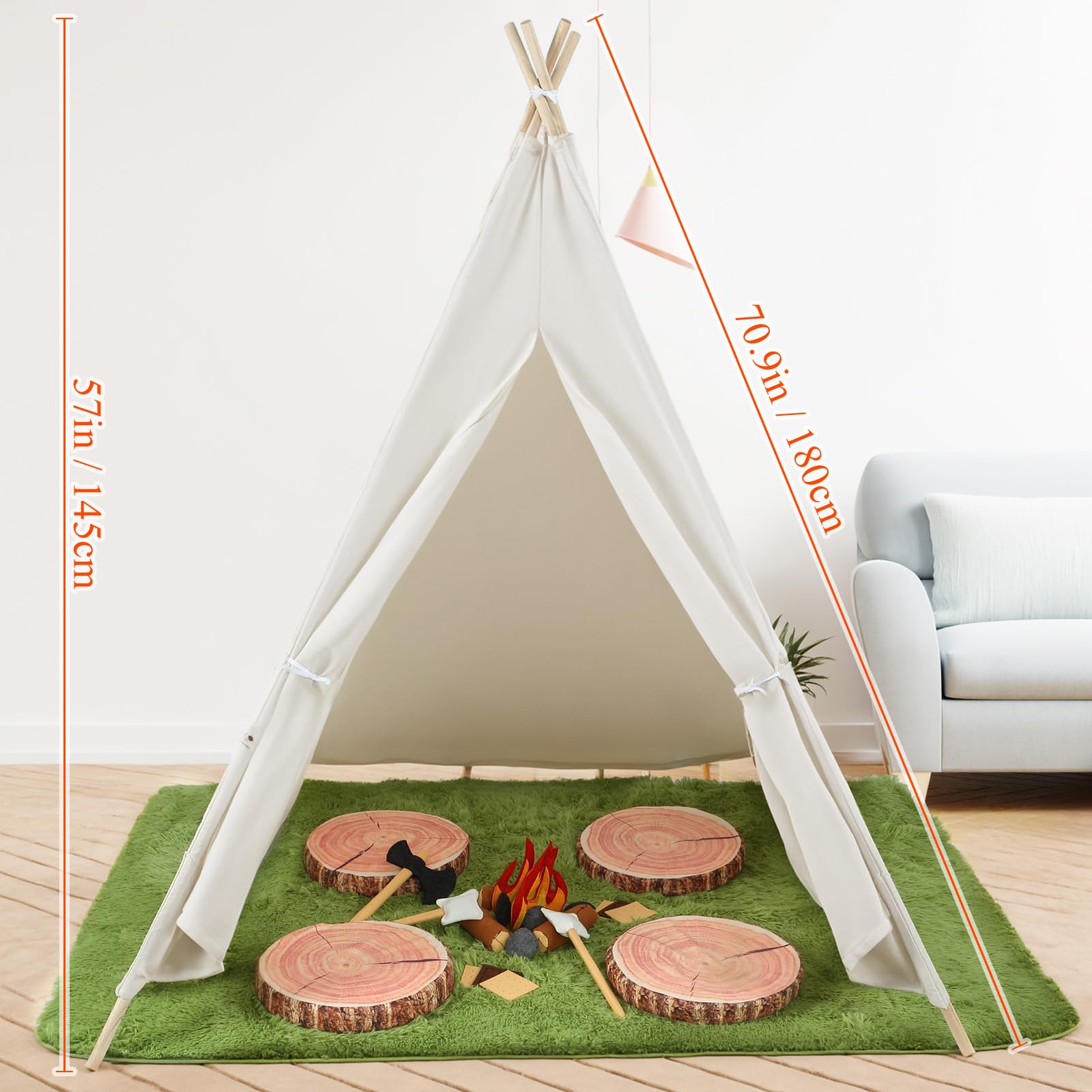 Kigley 27 Pcs Pretend Camping Play Set Includes Kid Teepee Beige Indoor Play Tent Felt Campfire Toys Wooden Print Throw Pillow Floor Cushion Fluffy Carpets for Boy Girl Adult Dramatic Play Decoration - Image 4