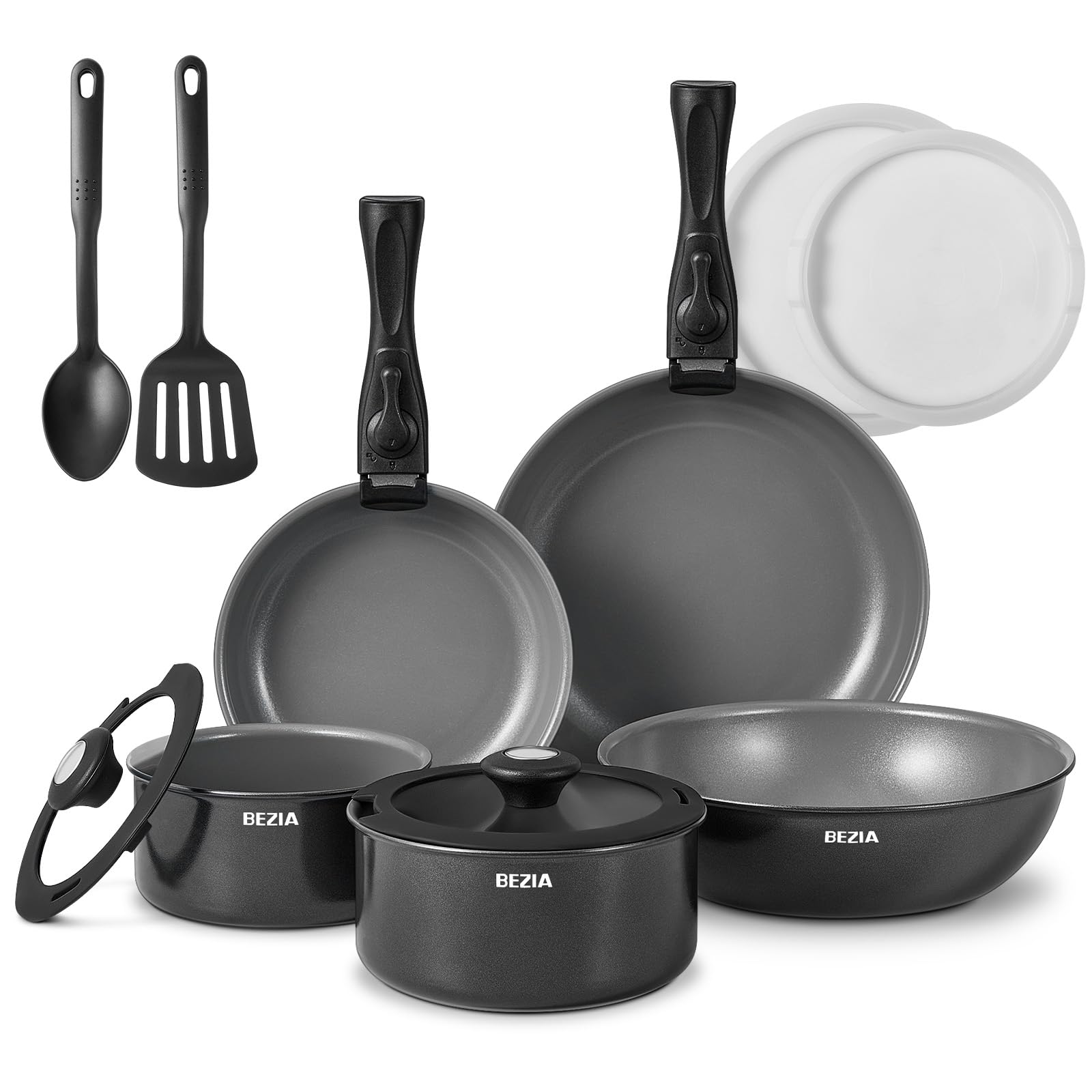 BEZIA Set Pentole Induzione 13 Pz, Batteria Pentole Ceramica Antiaderente | Padella Senza PTFE e PFOA, Manico Removibile, Adatto a tutti i tipi di piano cottura, Impilabile e Lavabile in Lavastoviglie