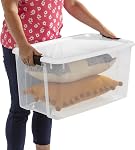Sterilite 70 Qt Ultra Latch Box, Stackable Storage Bin with Lid, Plastic Container with Heavy Duty Latches to Organize, Clear and White Lid, 4-Pack