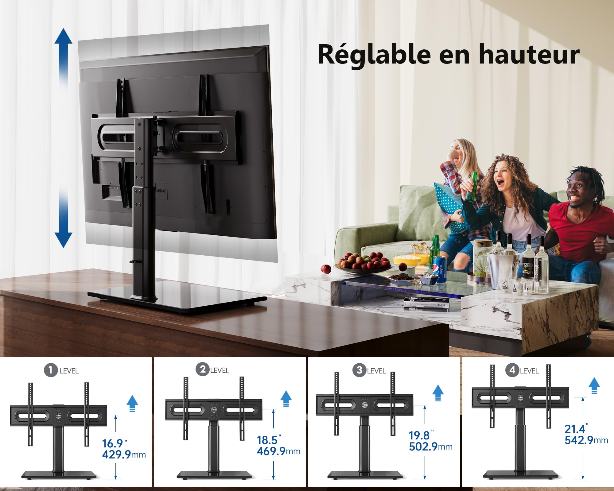 FITUEYES Support TV sur Pied, avec Base en Verre Trempé, 32-65 Pouces