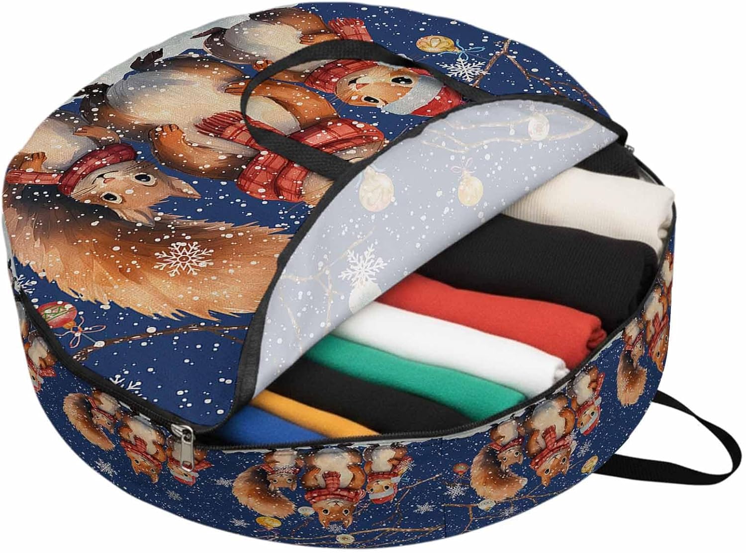 Blue Christmas Round Storage Bag 36 Inch, Squirrel Branch Ball Snowflake Watercolor Clothes Storage Container with Handles Heavy Duty Organizer for Comforter, Bedding & Holiday Wreaths