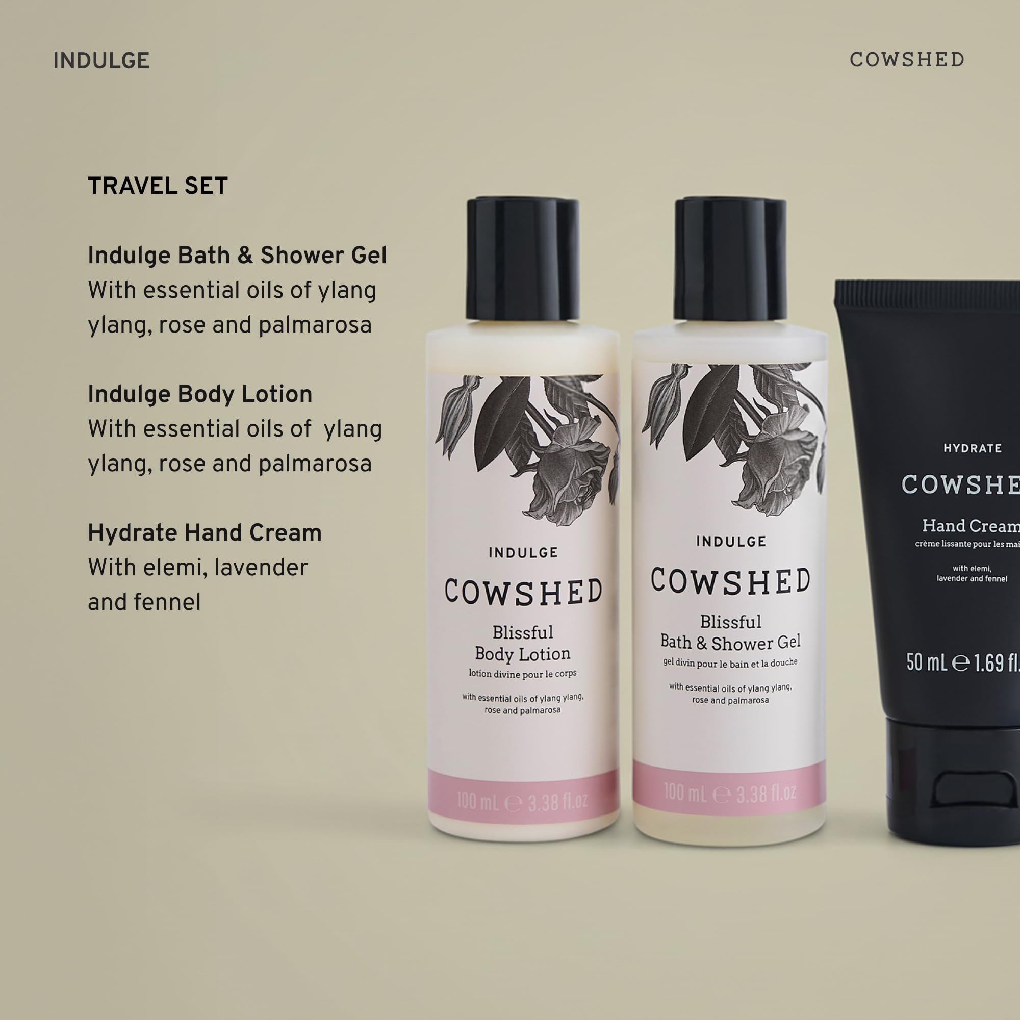 Cowshed Indulge Travel Set - Luxus Bad & Körper Geschenkset mit Körperlotion, Bad & Duschgel & Handcreme - Floral Spa Essentials mit Kulturbeutel