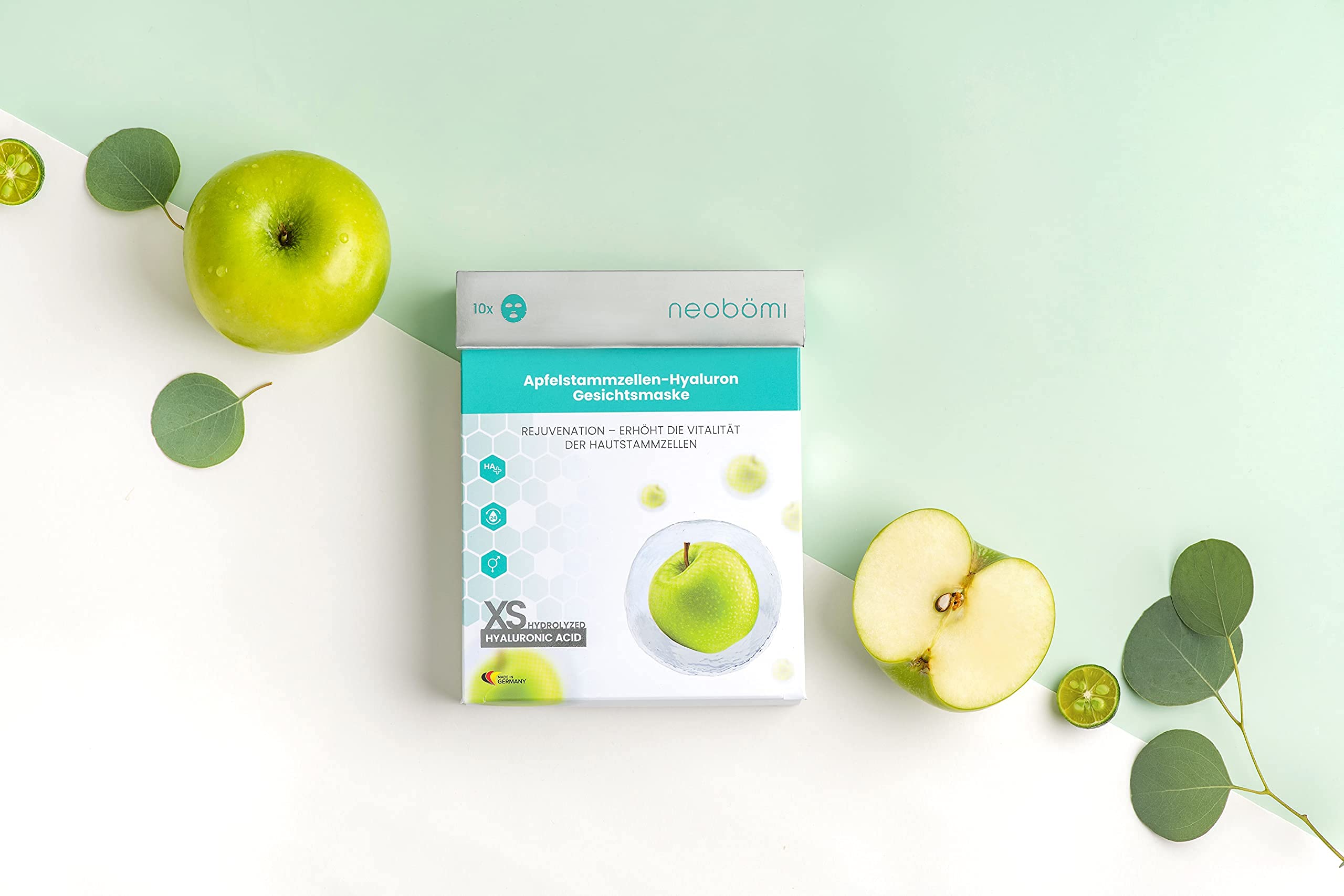 Máscara facial hialurónica, ácido hialurónico hidrolizado, alta dosis con células madre de manzana de Neobömi®, antienvejecimiento, perfecto cuidado facial