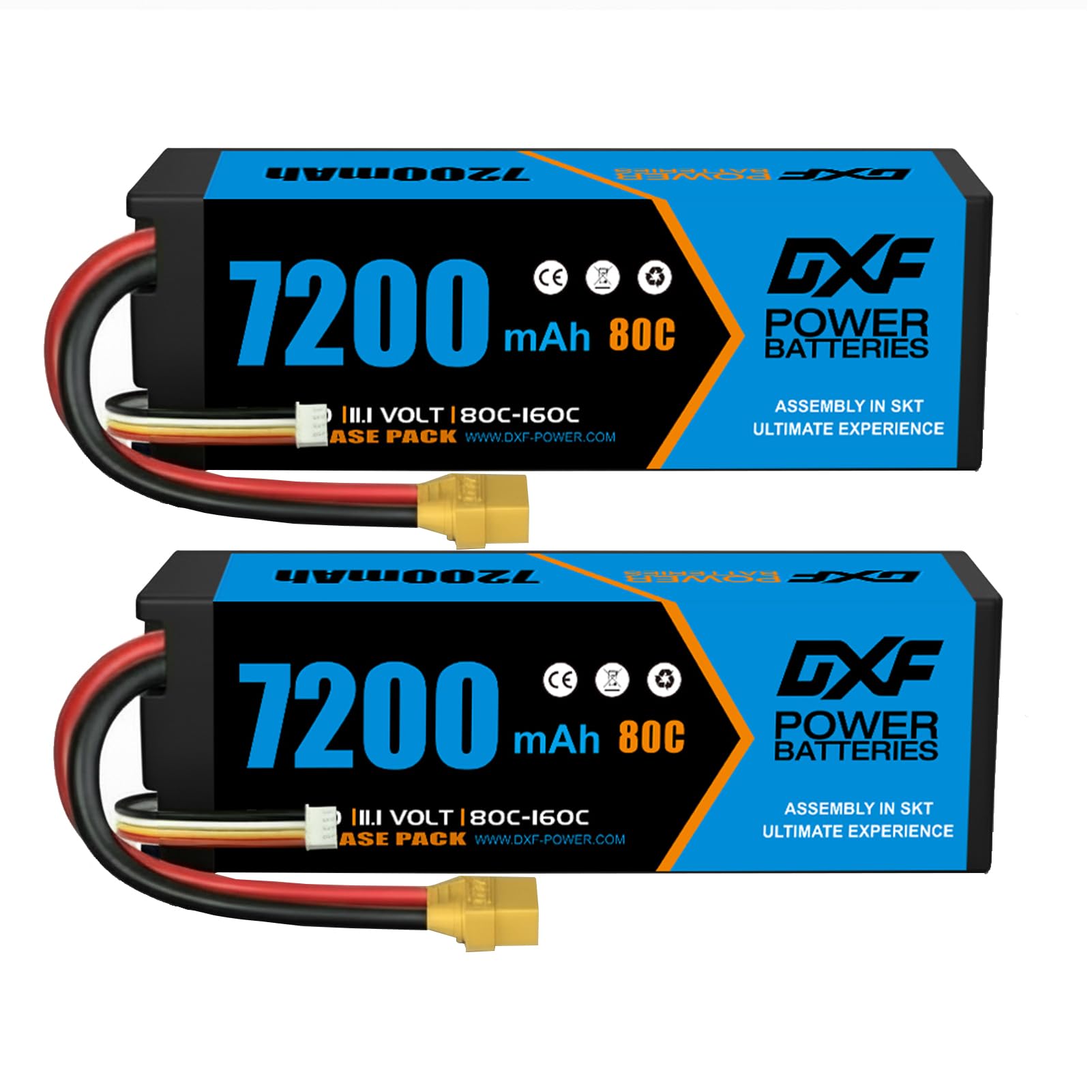 DXF 3S LiPo Battery 11.1V 7200mAh 80C Hard Case with XT90 Plug, 2 Pack RC Rechargeable Battery for 1/8 1/10 Scale RC Car Truck Boat Helicopter Airplane Buggy Racing Models